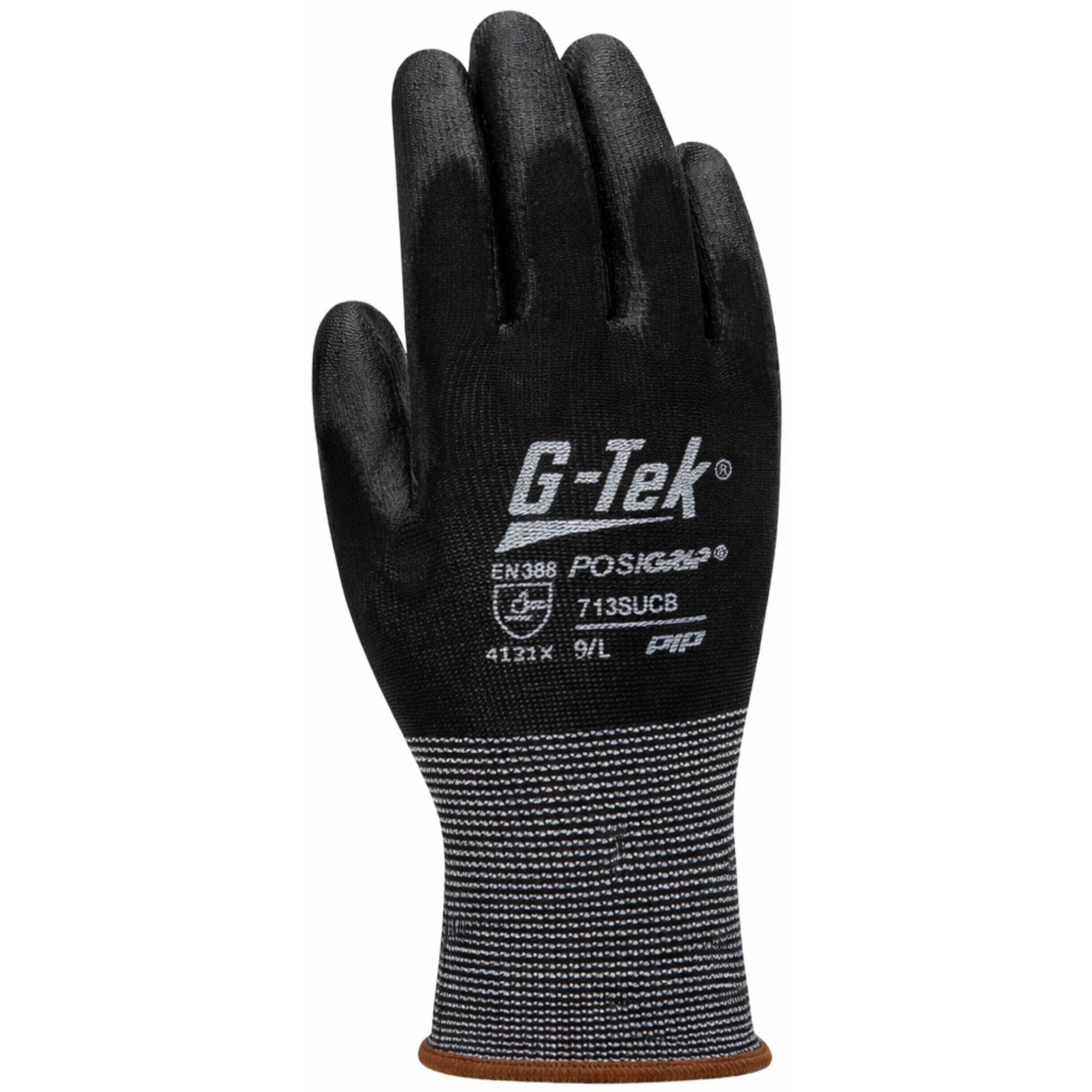 PIP G-Tek PosiGrip 713SUCB/S Seamless Knit Nylon Glove with Polyurethane Coated Flat Grip, Black, Small, 1 Dozen