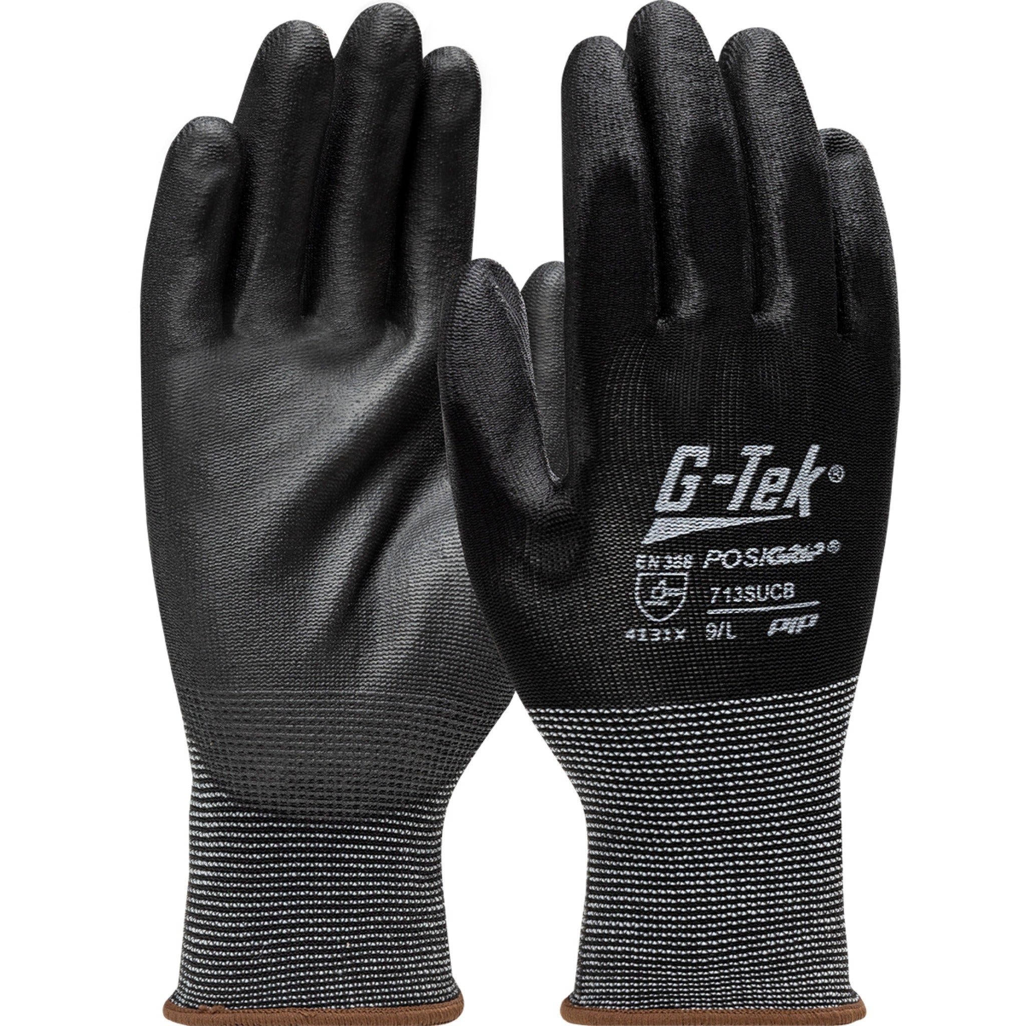 PIP G-Tek PosiGrip 713SUCB/S Seamless Knit Nylon Glove with Polyurethane Coated Flat Grip, Black, Small, 1 Dozen