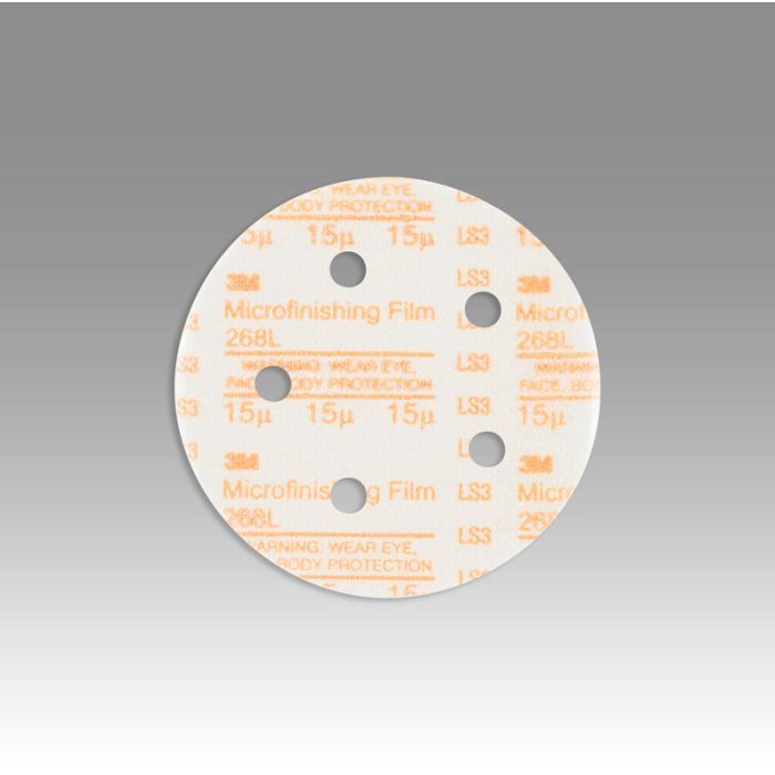 3M™ Hookit™ Microfinishing Film Disc 268L, D/F, Type D, 5 in x NH 5 Holes 15 Micron, 500 per case