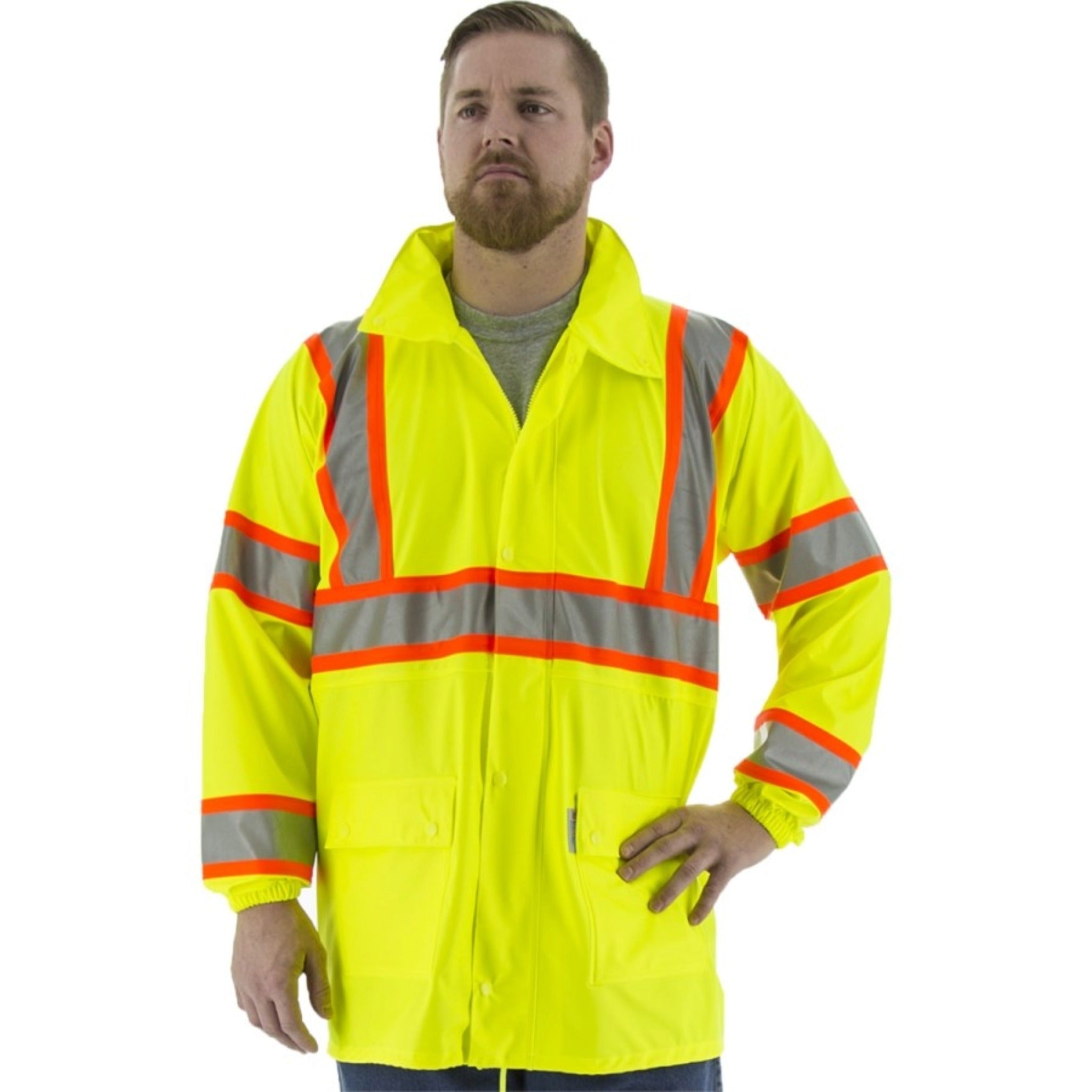 MAJESTIC GLOVE 75-7301 High Visibility Waterproof Rain Jacket with DOT Striping-Main-Image
