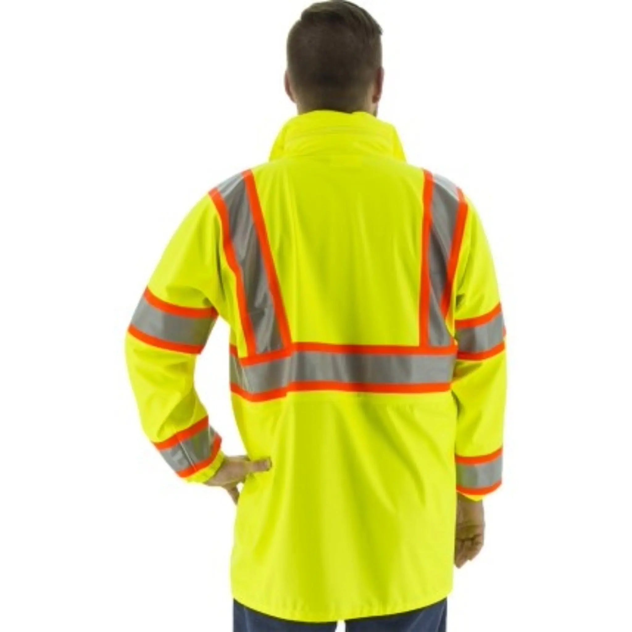 MAJESTIC GLOVE 75-7301 High Visibility Waterproof Rain Jacket with DOT Striping-Back-Image
