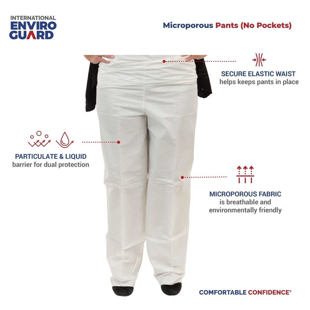 International Enviroguard MicroGuard MP 8200 Microporous Pants, Elastic Waist, White, Case of 50