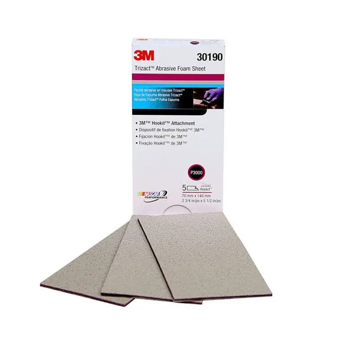 3M™ Trizact™ Hookit™ Foam Sheet, 30190, 2 3/4 in x 5 1/2 in (70 mm x 140 mm), 3000 grade, 5 sheets per sleeve, 10 sleeves per case