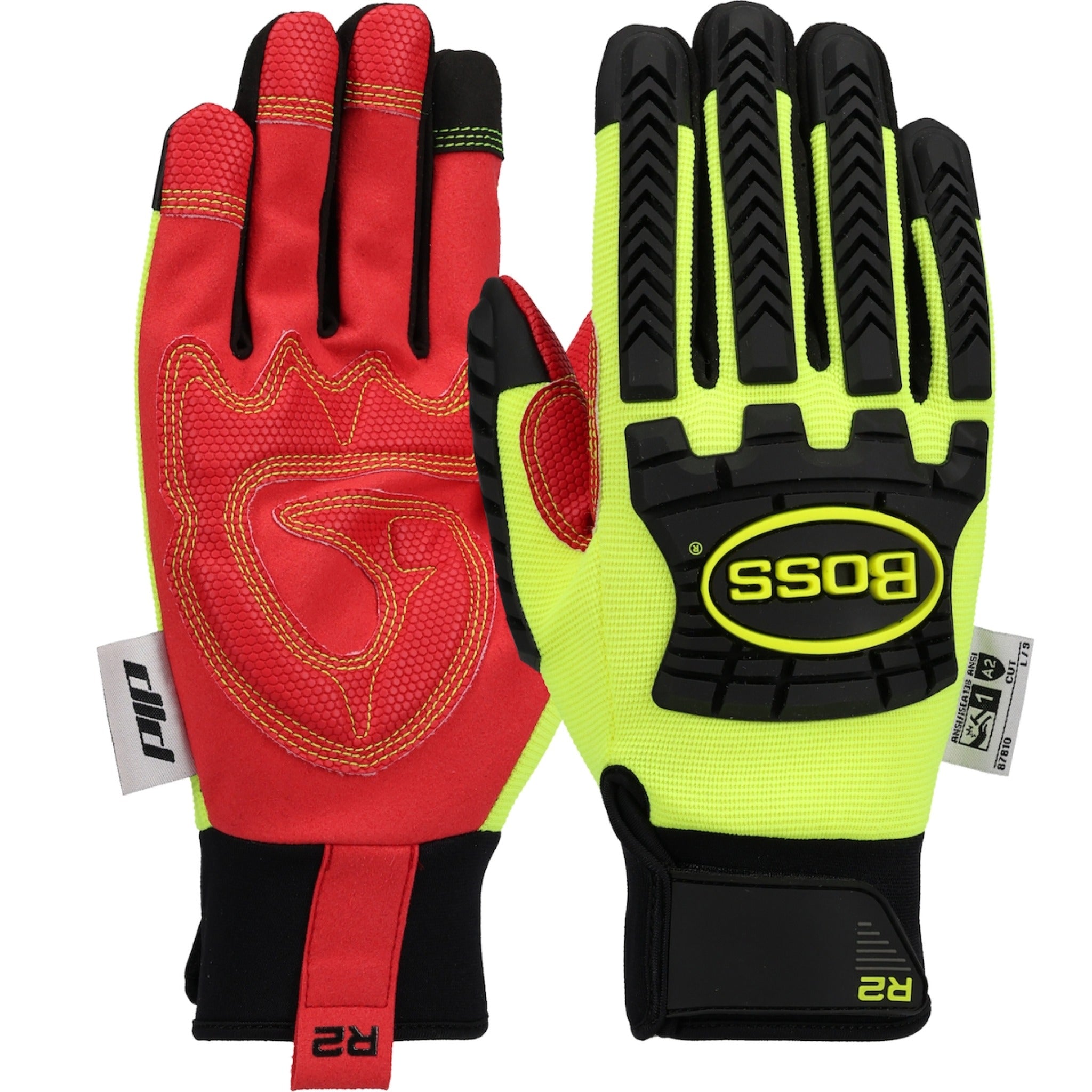 PIP Boss 87810 R2 Safety Rigger Synthetic Leather Double Palm with Silicone Grip, Fabric Back and TPR Impact Protection Glove, Hi-Vis Yellow, 1 Pair