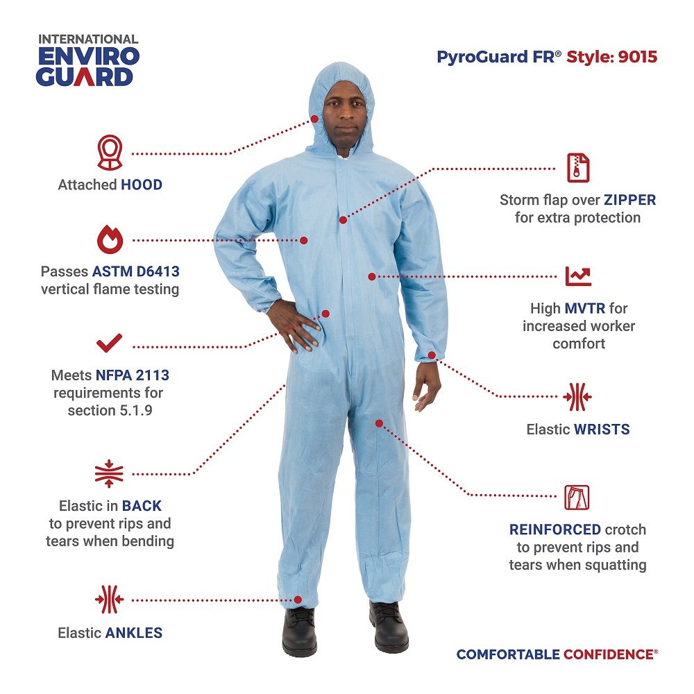 International Enviroguard PyroGuard FR 9015 Outer layer FR Coverall, Attached Hood, Elastic Wrist, Elastic Ankle, Blue, Case of 25