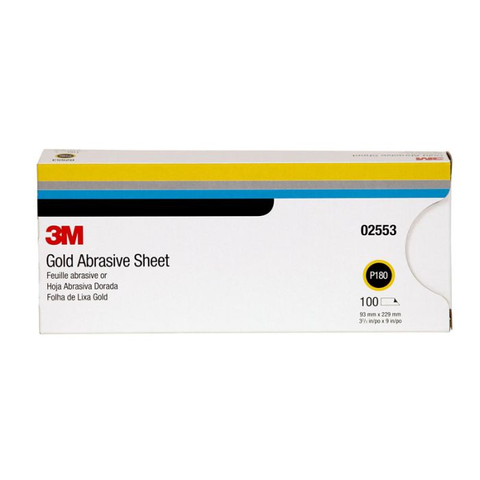3M™ Gold Abrasive Sheet, 02553, P180 grade, 3 2/3 in x 9 in, 100 sheets per sleeve, 5 sleeves per case