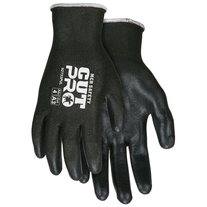 MCR Safety Cut Pro 92733PU 13 Gauge HyperMax Shell, ANSI Cut Level 3 Polyurethane Coated Work Gloves, Black, Box of 12 Pairs