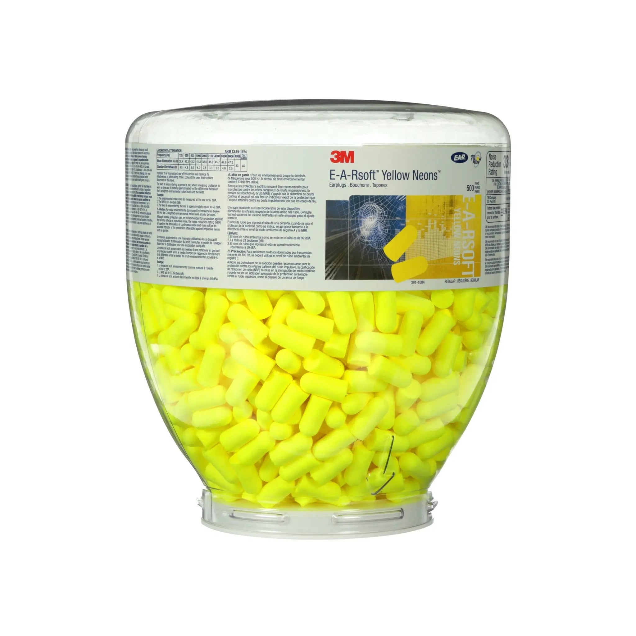 3M 391-1004 Earplugs, 33 db, One Touch Refill, EARsoft Yellow Neons (Bottle of 500 PR)
