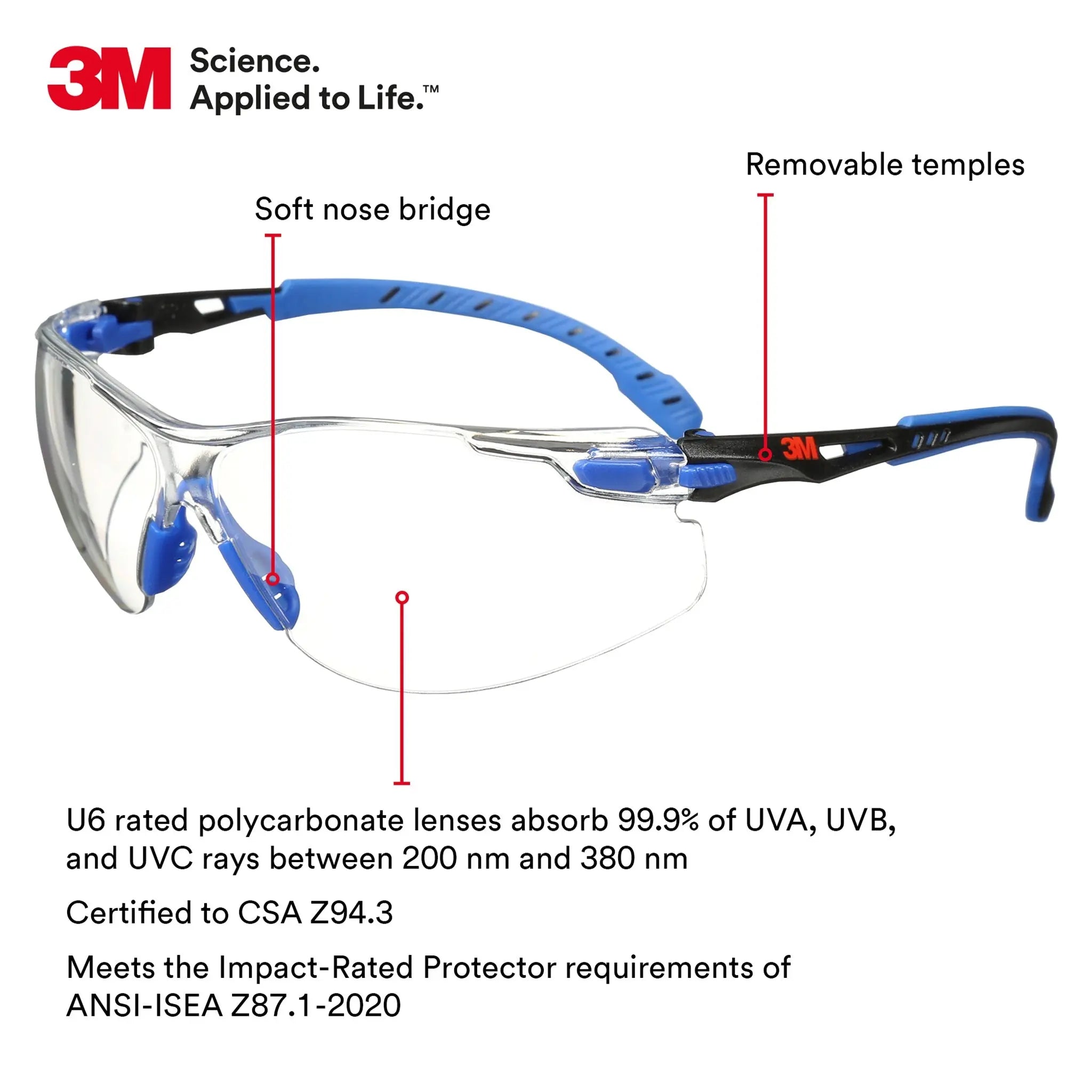 3M Solus 1000-Series Safety Glasses S1101SGAF Black-Blue Clear Scotchgard Anti-Fog Lens, 1 Each, Features