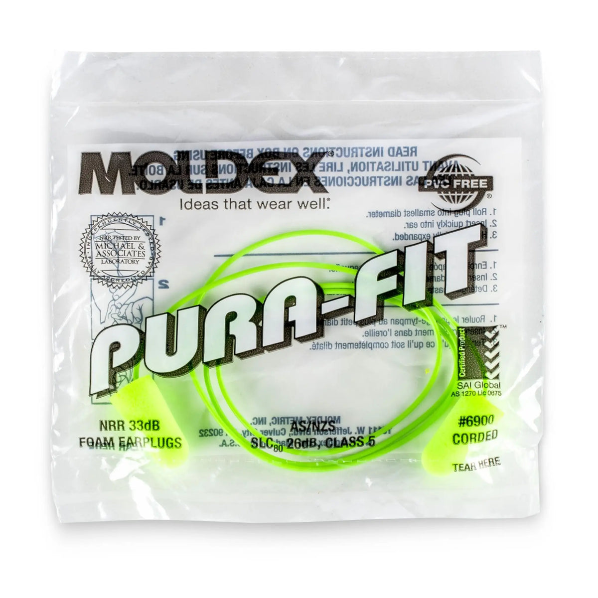 Moldex Pura-Fit MOL6900 NRR 30 Tapered Foam Corded Earplugs, Package