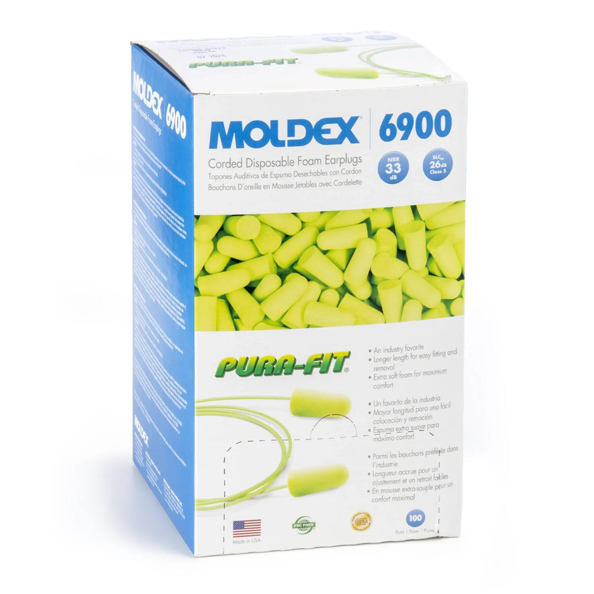 Moldex Pura-Fit MOL6900 NRR 30 Tapered Foam Corded Earplugs, Box