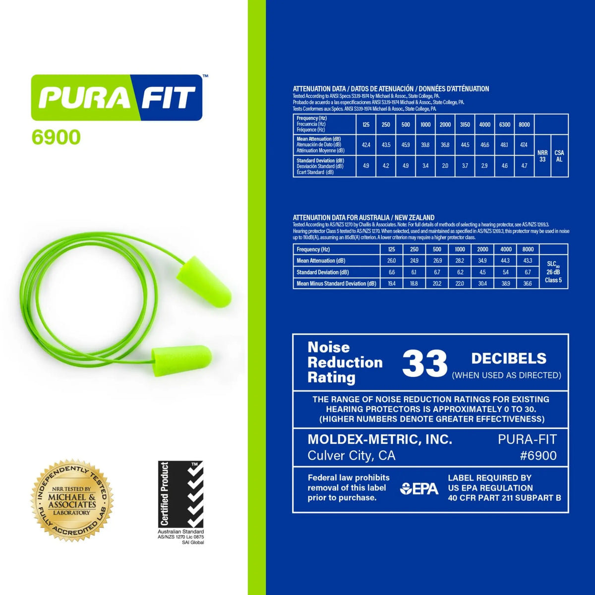 Moldex Pura-Fit MOL6900 NRR 30 Tapered Foam Corded Earplugs, Details