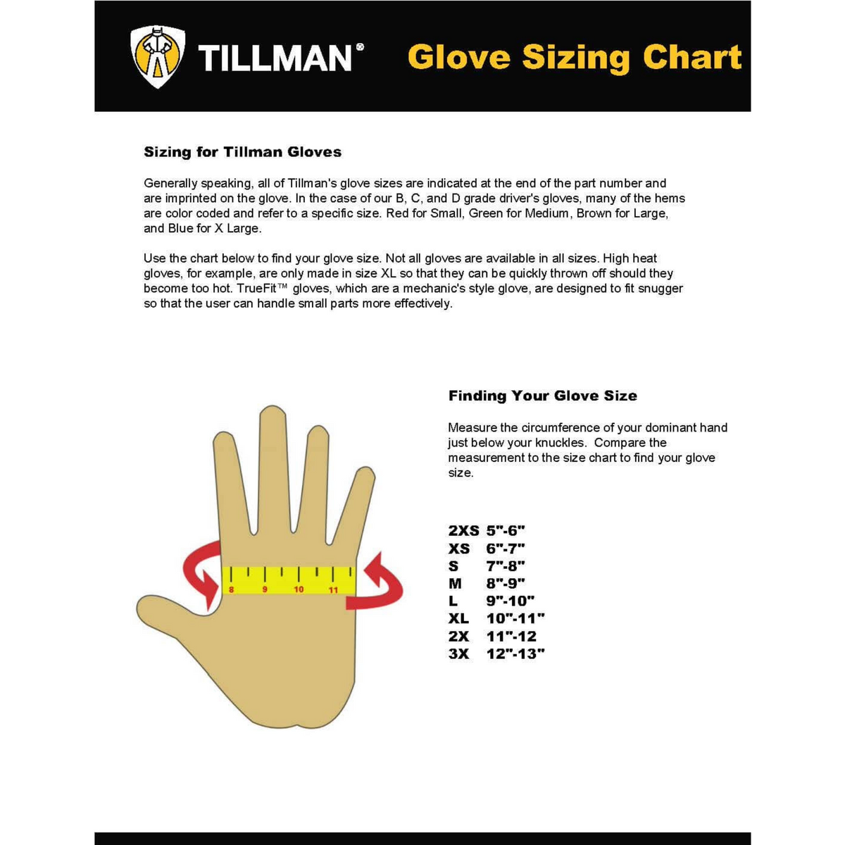 John Tillman Company TrueFit 1470  Gloves, Chart