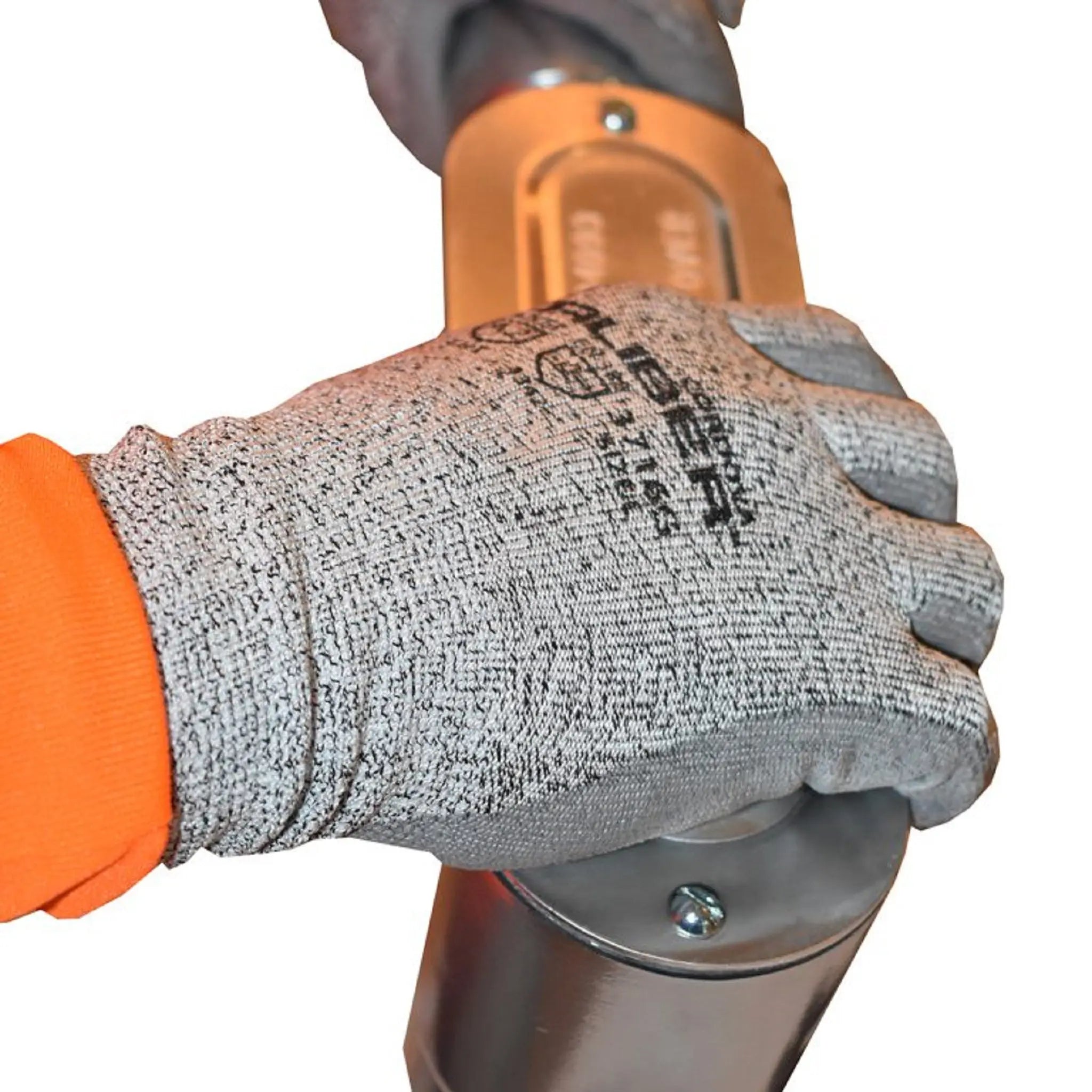 Cordova Caliber 3716G 13 Gauge HPPE Shell, PU Palm Coated Machine Knit Gloves, Gray, in Action