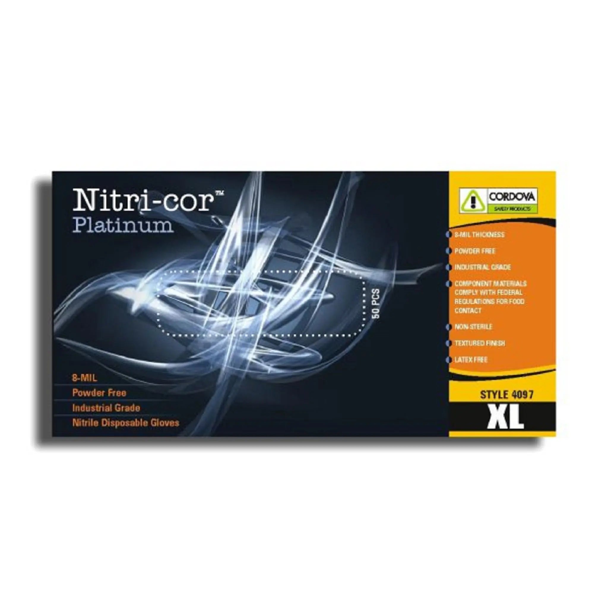 Cordova Safety Nitri-Cor Platinum 4097 Industrial 8 mil Powder Free Nitrile Gloves, Blue, Dispenser