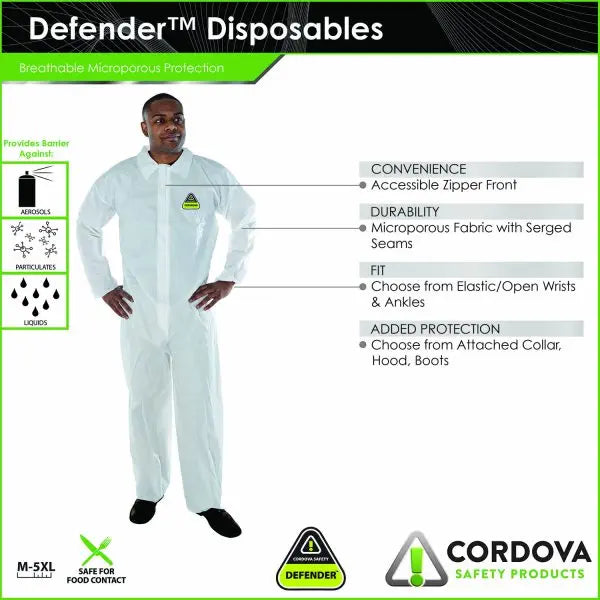Cordova Safety Defender CPXL Microporous Coverall with Zipper Front and Collar, White, X-Large, Case of 25 