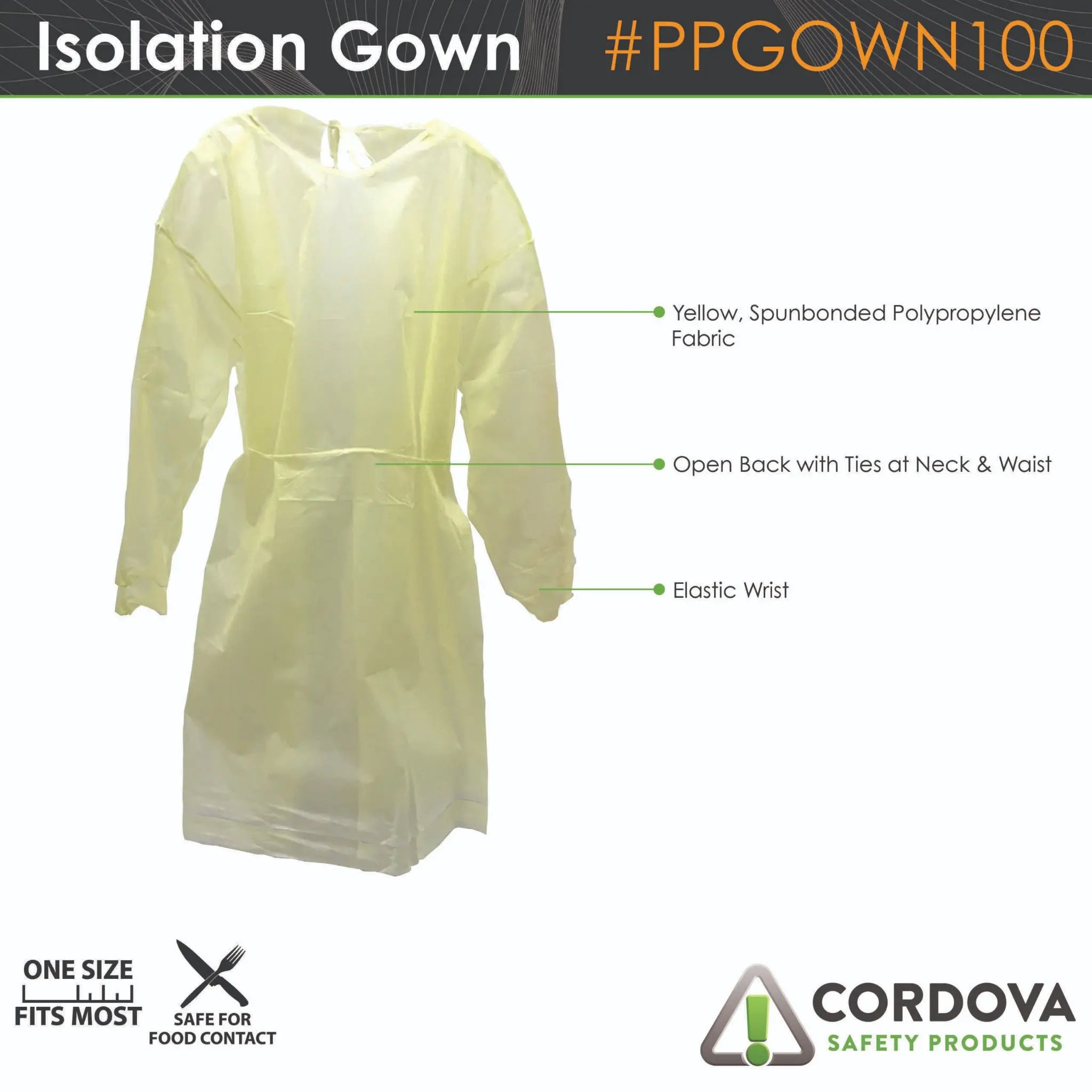 Cordova PPGOWN100 General Purpose Spunbonded Polypropylene Gown, Yellow, Case of 50 