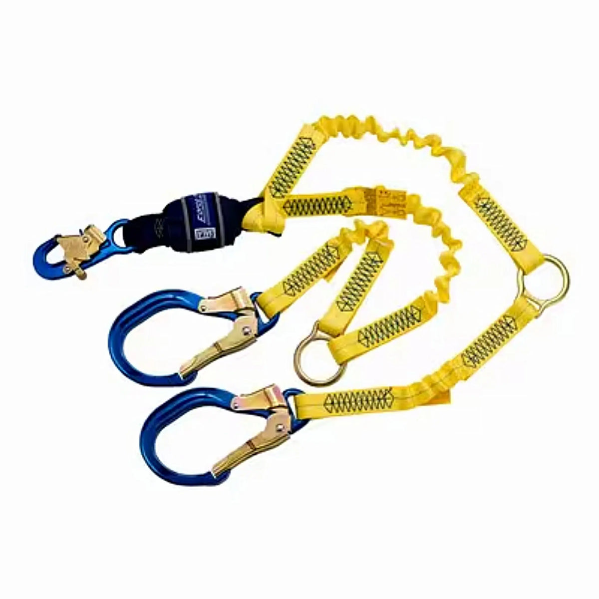 6 ft. (1.8m) elastic web double-leg 100% tie-off Force2 with snap hook at center aluminum rebar hook at other end & rescue D-rings at leg ends