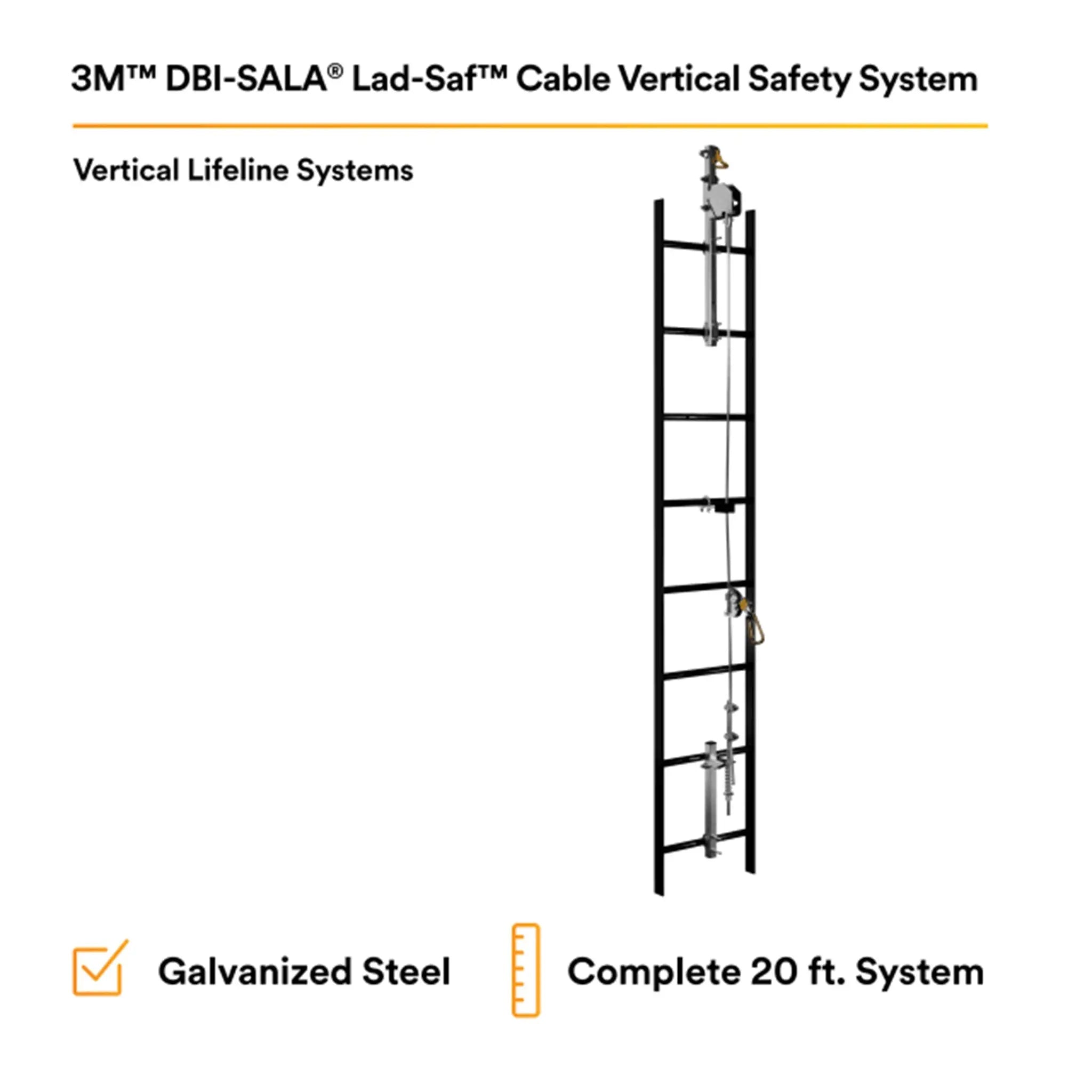 3M DBI-Sala 6118020 Lad-Saf Cable Vertical Safety System, Galvanized Steel, 20 ft., 1 Each, Features