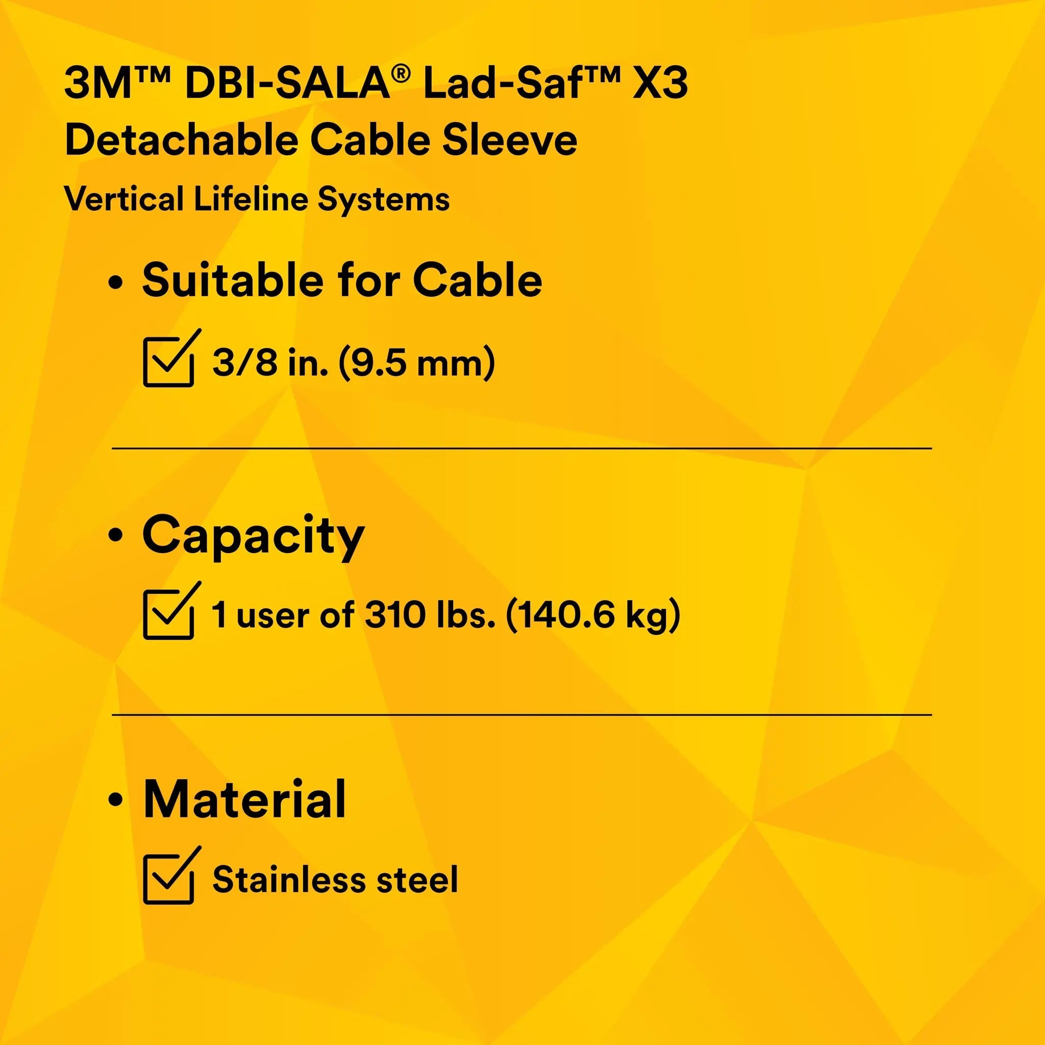 3M DBI-Sala 6160054 Lad-Saf X3 Detachable Cable Sleeve, 9.5MM, Performance Data