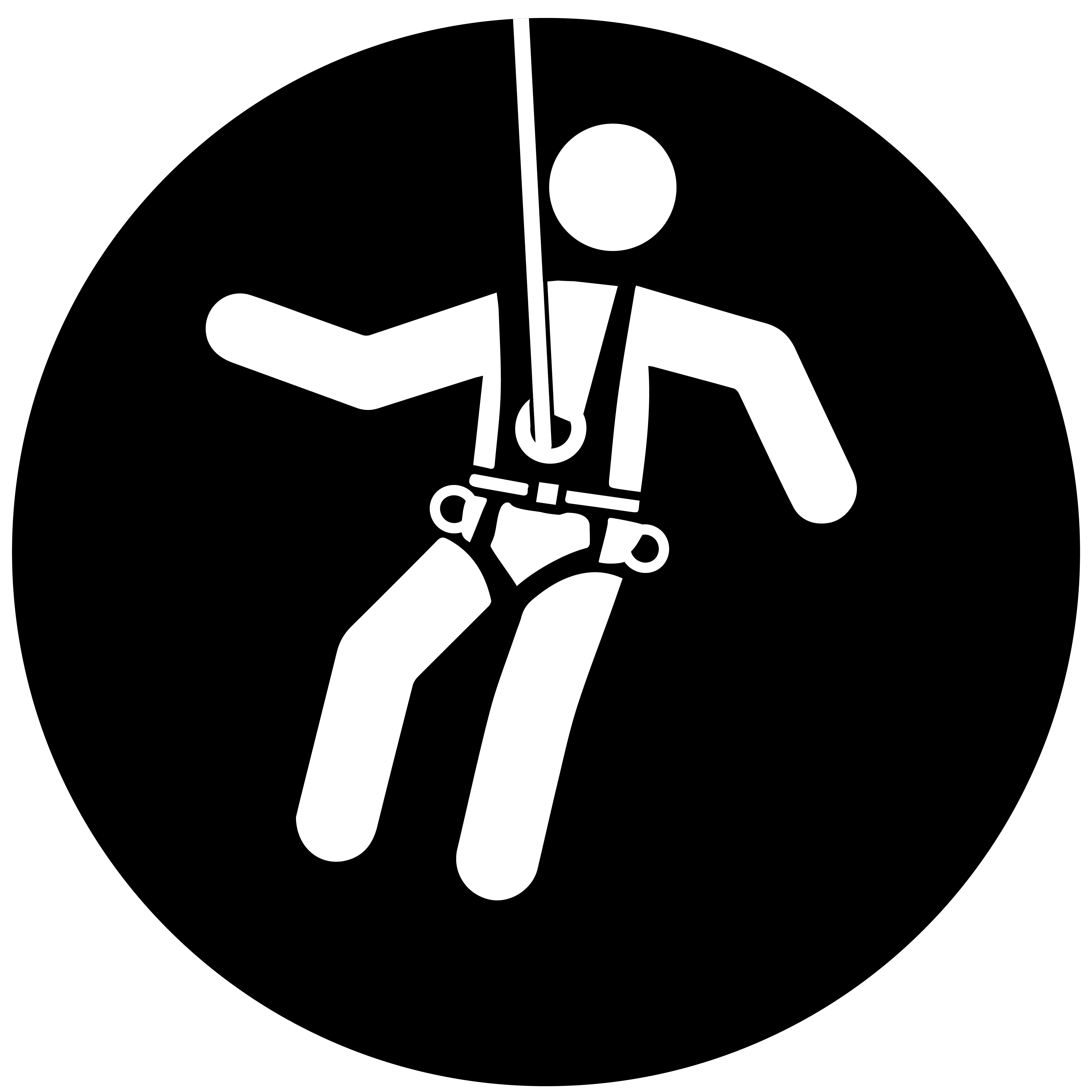 Shows a figure suspended from a front D-ring.
