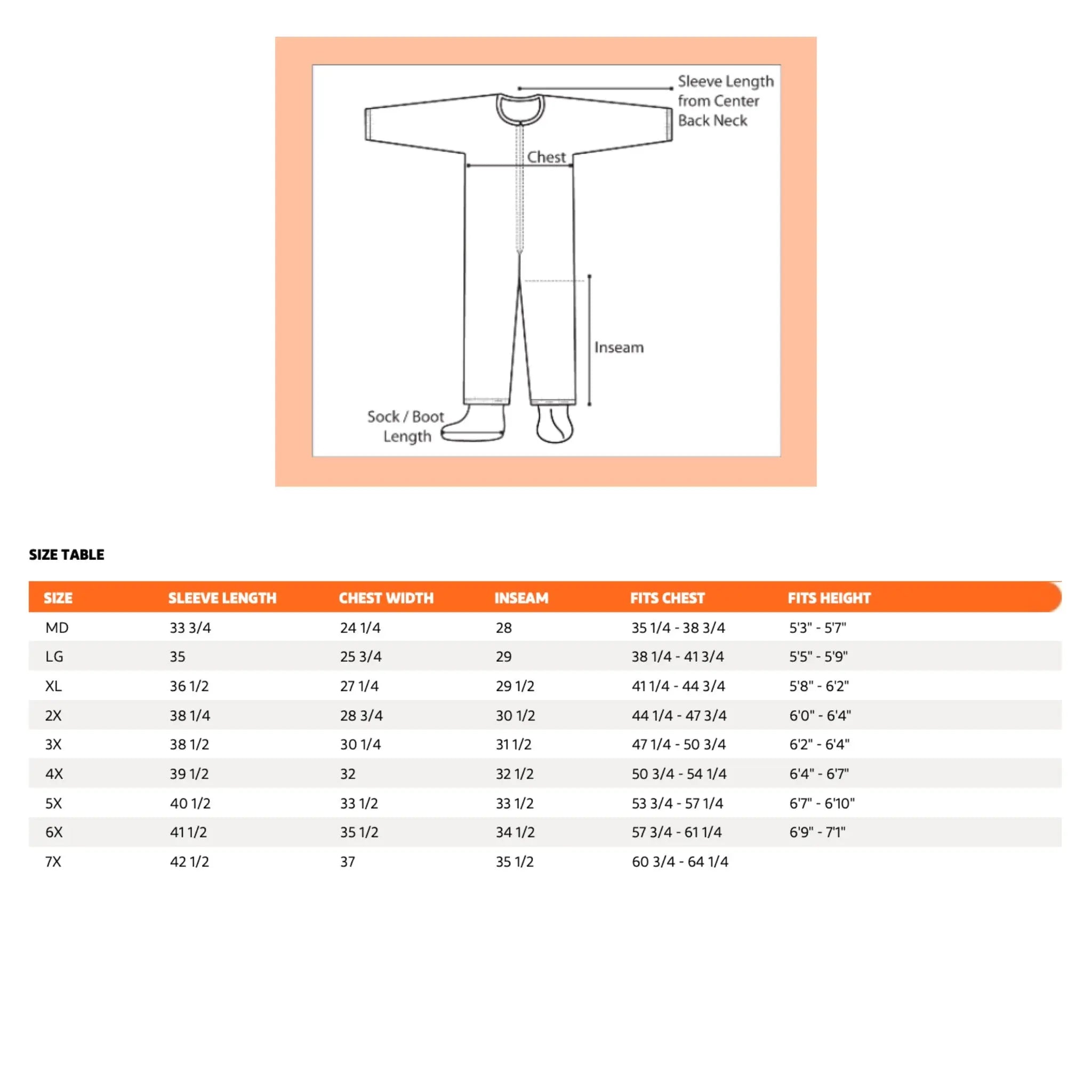 DuPont Tychem 4000 SL121TWHLG000400 Coverall, sizing chart