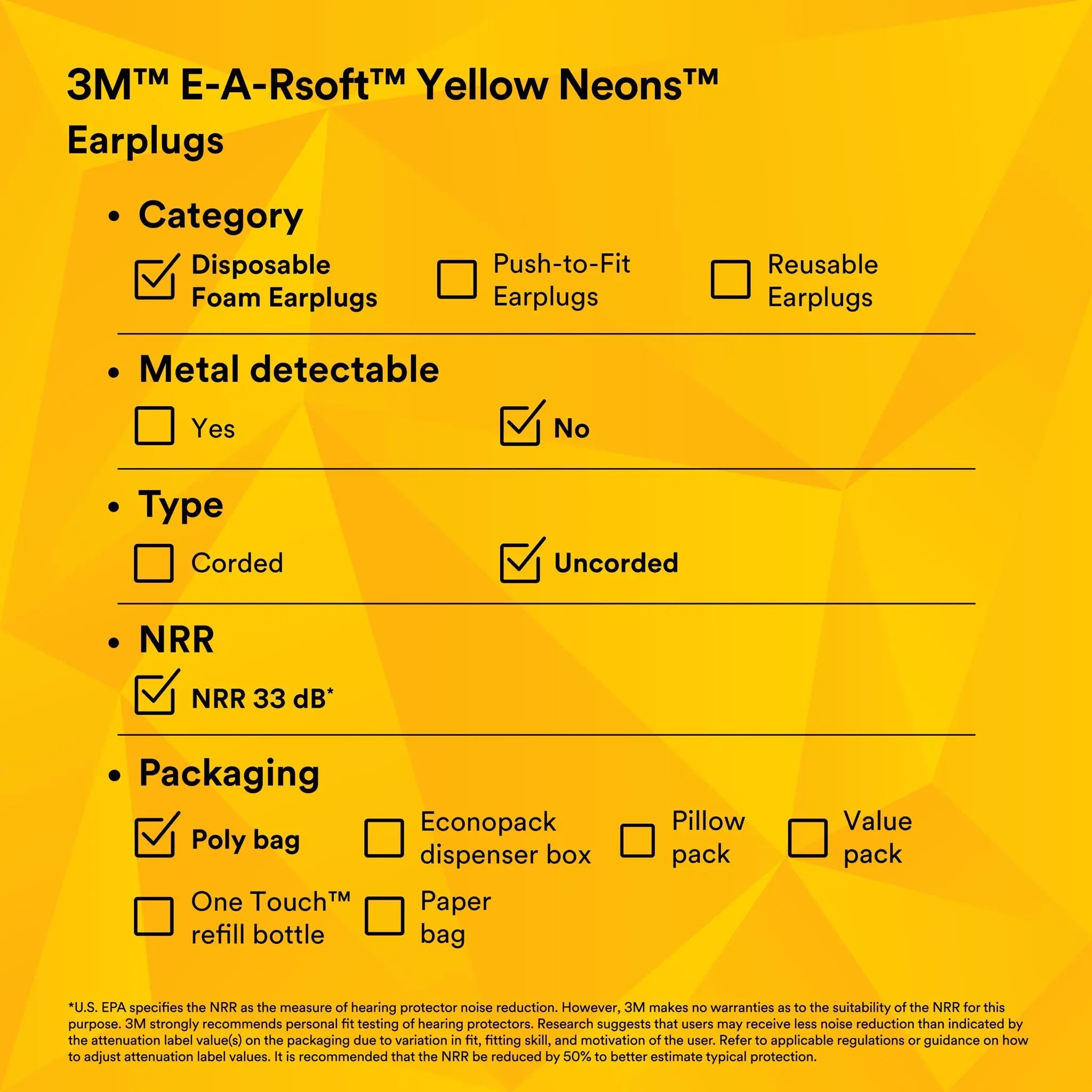 3M E-A-Rsoft Yellow Neons 312-1250 Uncorded Earplugs, Yellow, Regular, Box of 200