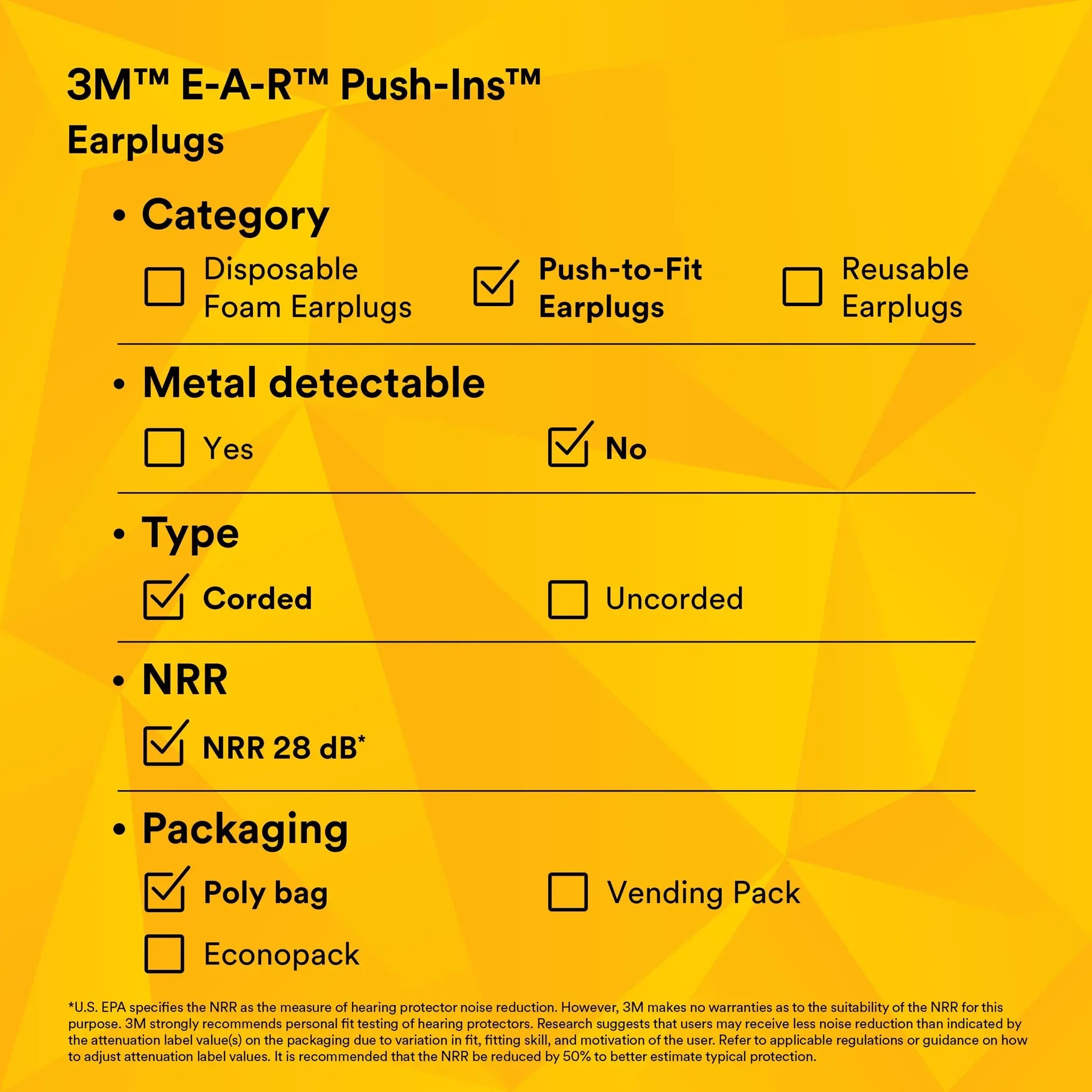 3M E-A-R Push-Ins 318-1001 Corded Earplugs, Features