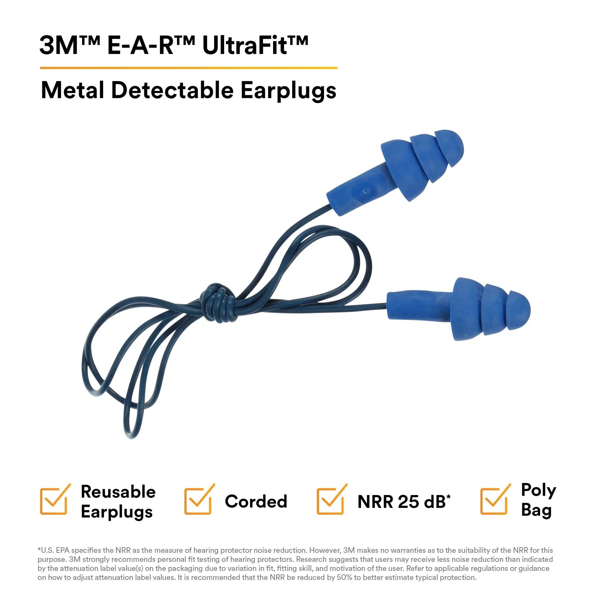 3M E-A-R 340-4007 UltraFit Earplugs, Metal Detectable, Corded, Features