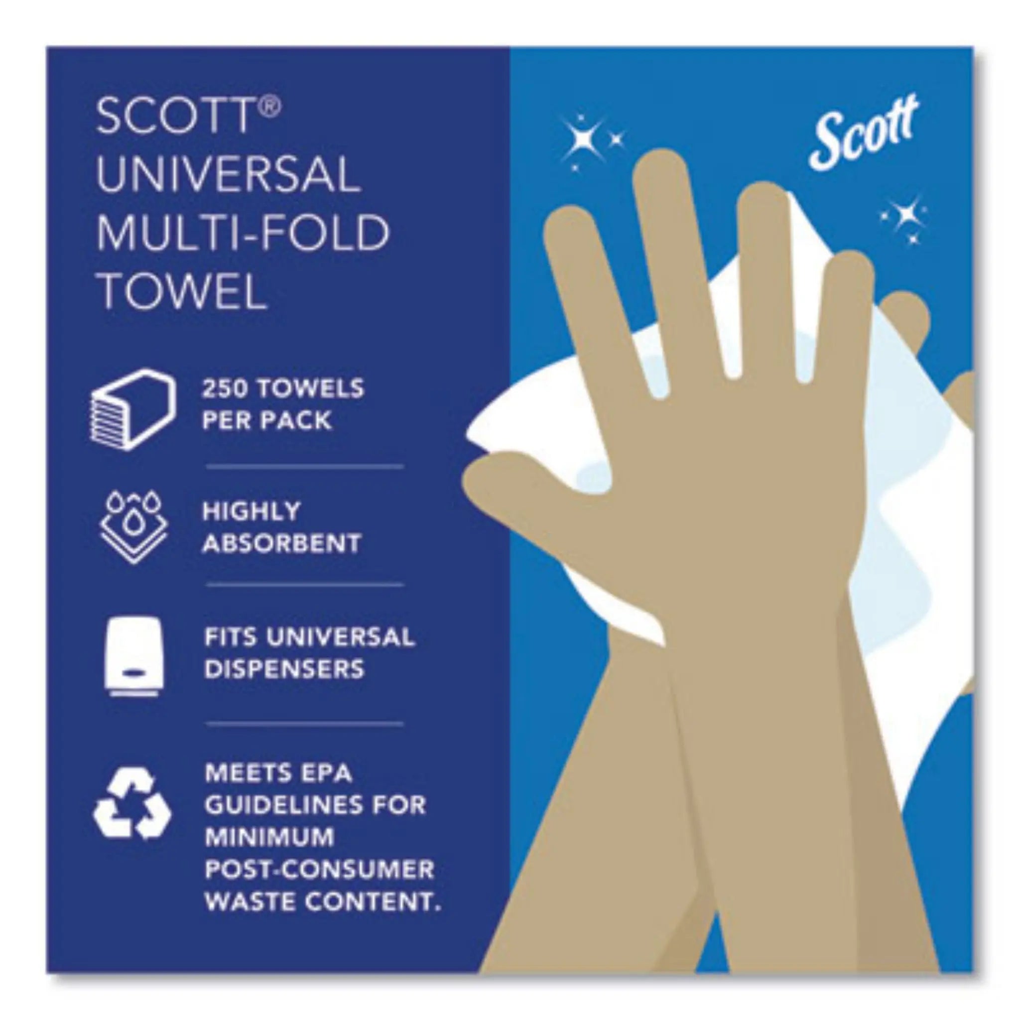 KIMBERLY-CLARK Scott 01804 Essential Multi-Fold Towels, Absorbency Pockets, 1-Ply, 9.2 x 9.4, White, Carton of 16 Packs 