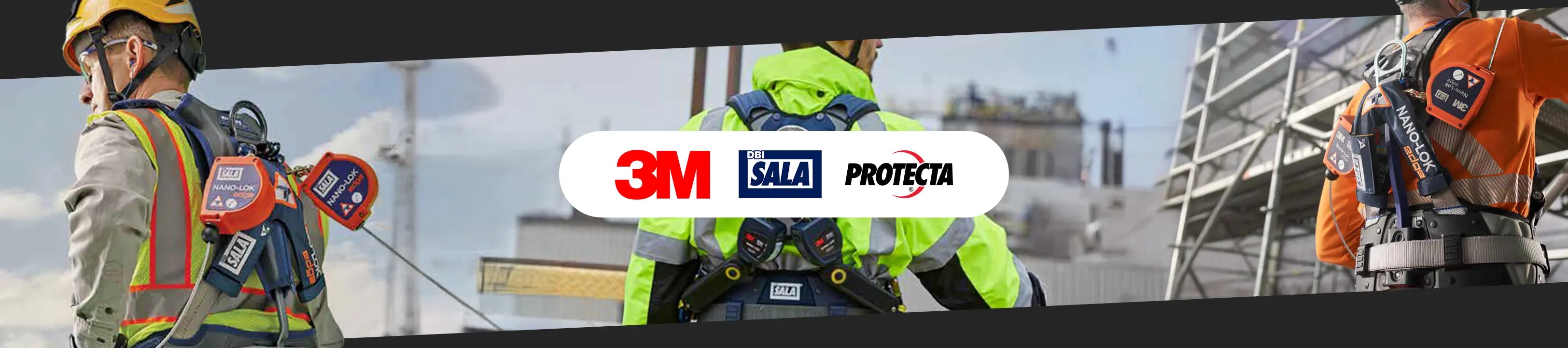 Three workers wearing 3M DBI-SALA full-body safety harnesses, demonstrating proper fit and positioning.