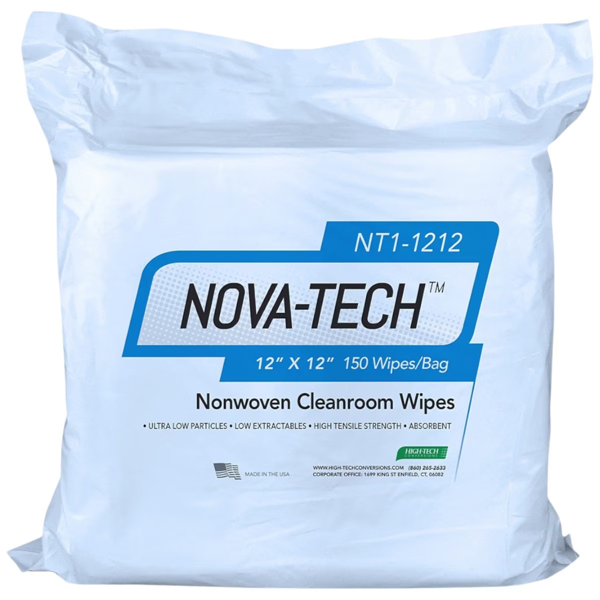 Hospeco NT1-1212 Nova-Tech NT1 Nonwoven Cleanroom Wipes, 12"x12", Bag of 150, Case of 14 Bags 