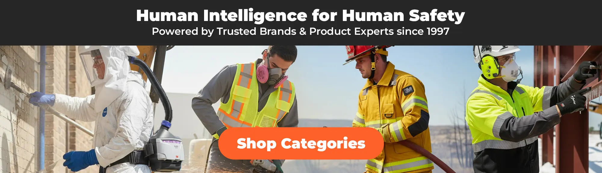 Construction, industrial, and emergency workers wearing protective safety gear while performing job tasks.