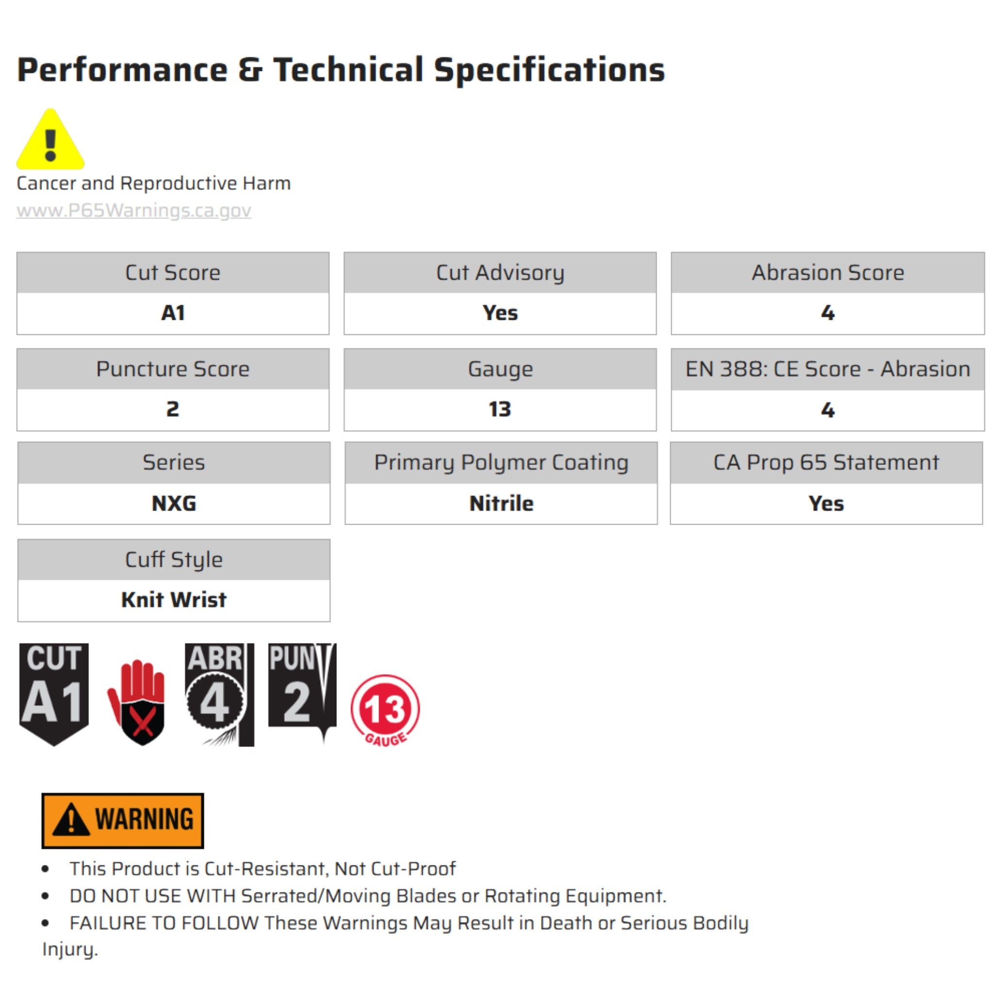 MCR Safety NXG 9679 Work Gloves, Specs