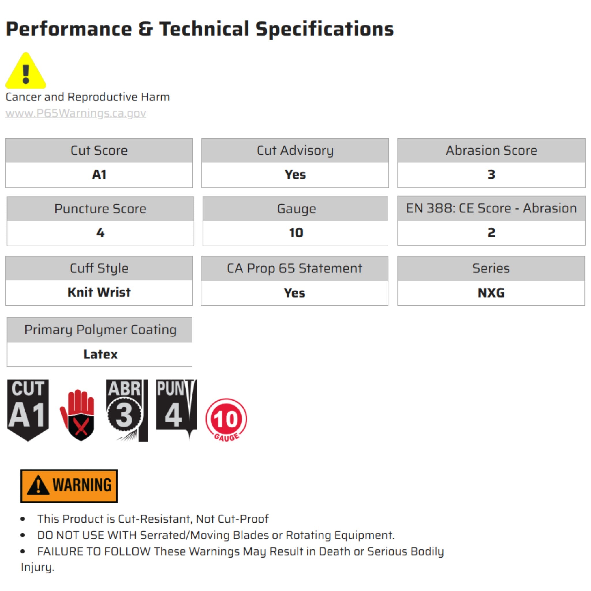 MCR Safety NXG 9688 Work Gloves, Specs