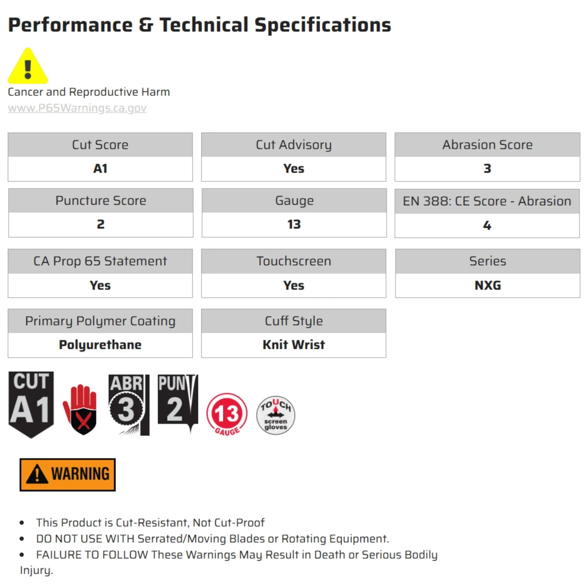 MCR Safety NXG 9696 Work Gloves, Specs