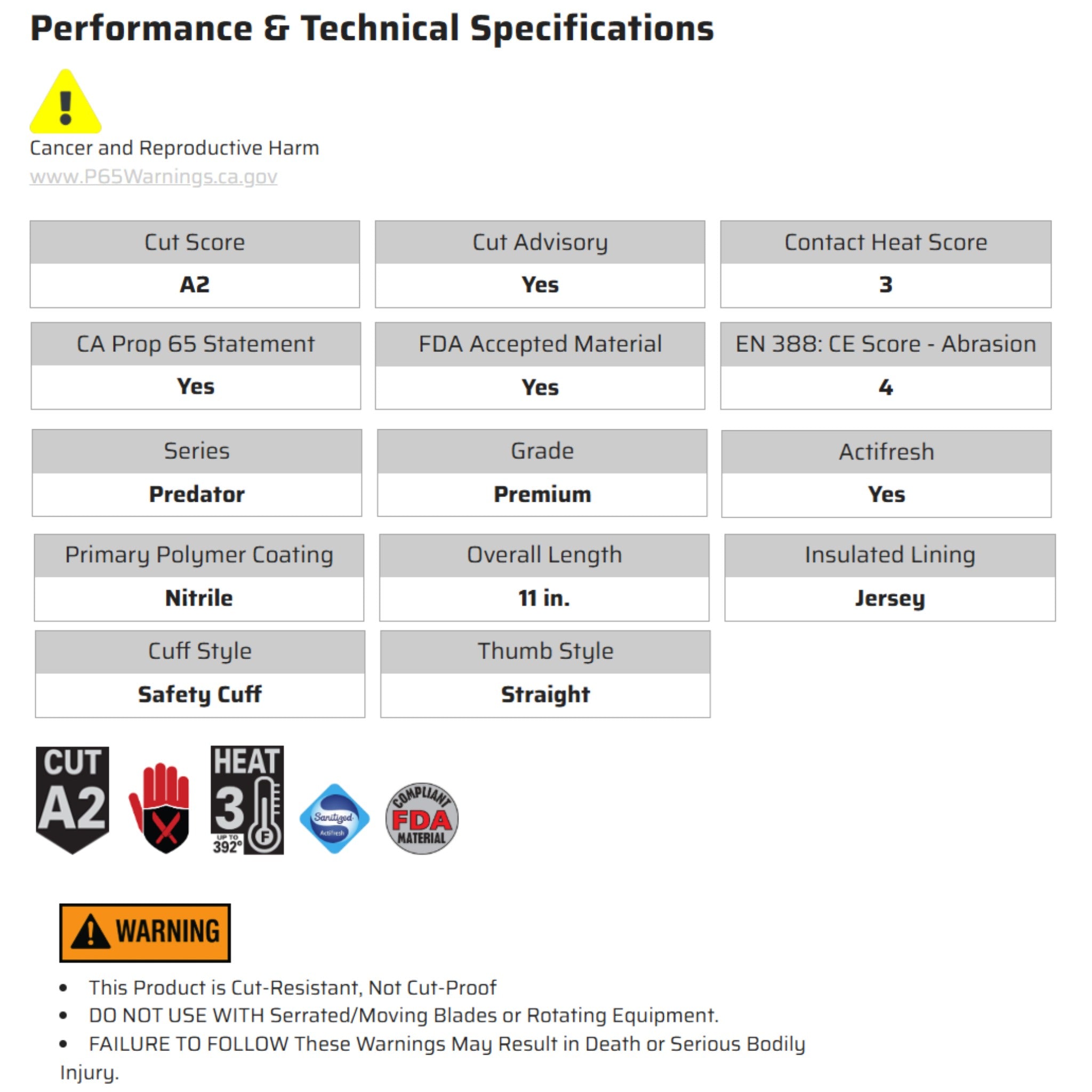 MCR Safety Predator 9760 Work Gloves, Specs