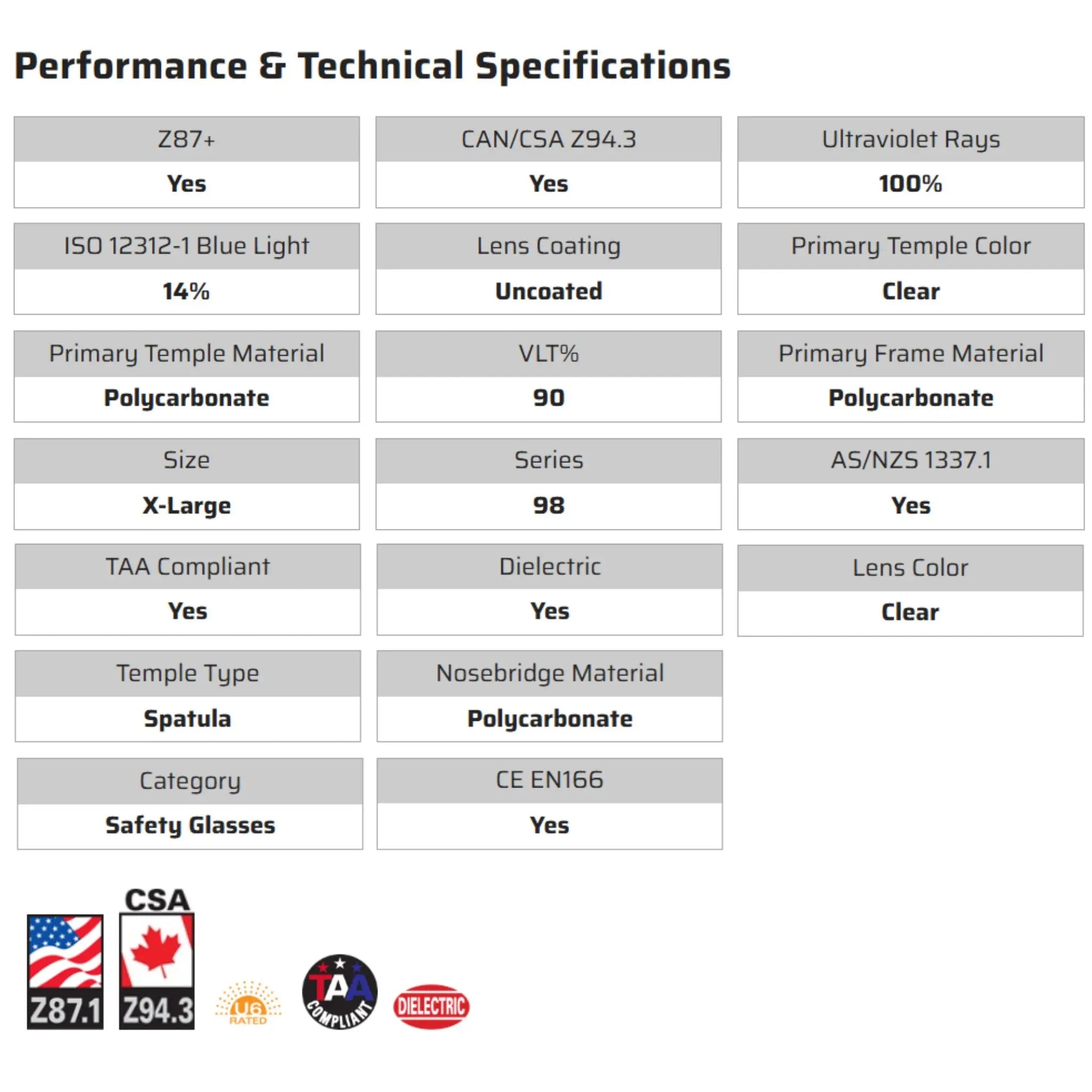 MCR Safety 98 Series 9800 Safety Glasses, Specs