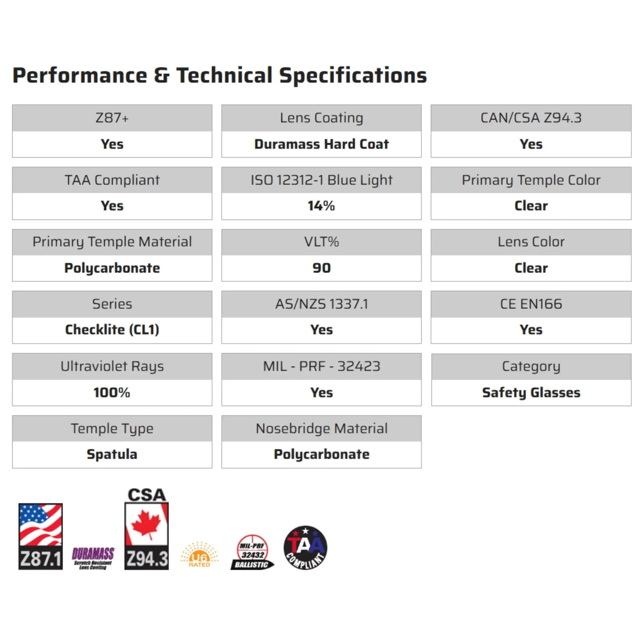 MCR Safety Checklite CL110 Safety Glasses, Specs