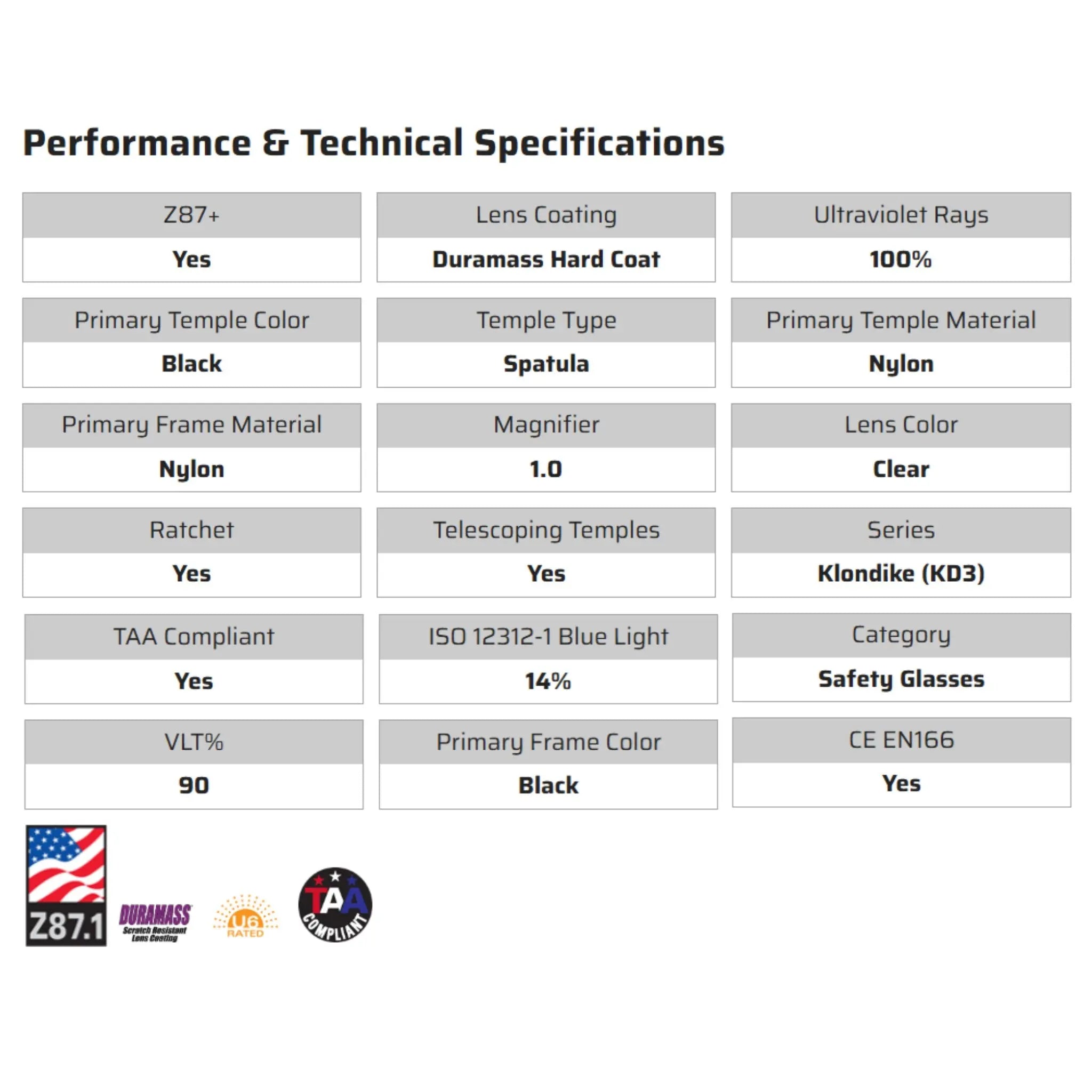 MCR Safety Klondike K3H10 Safety Glasses, Specs