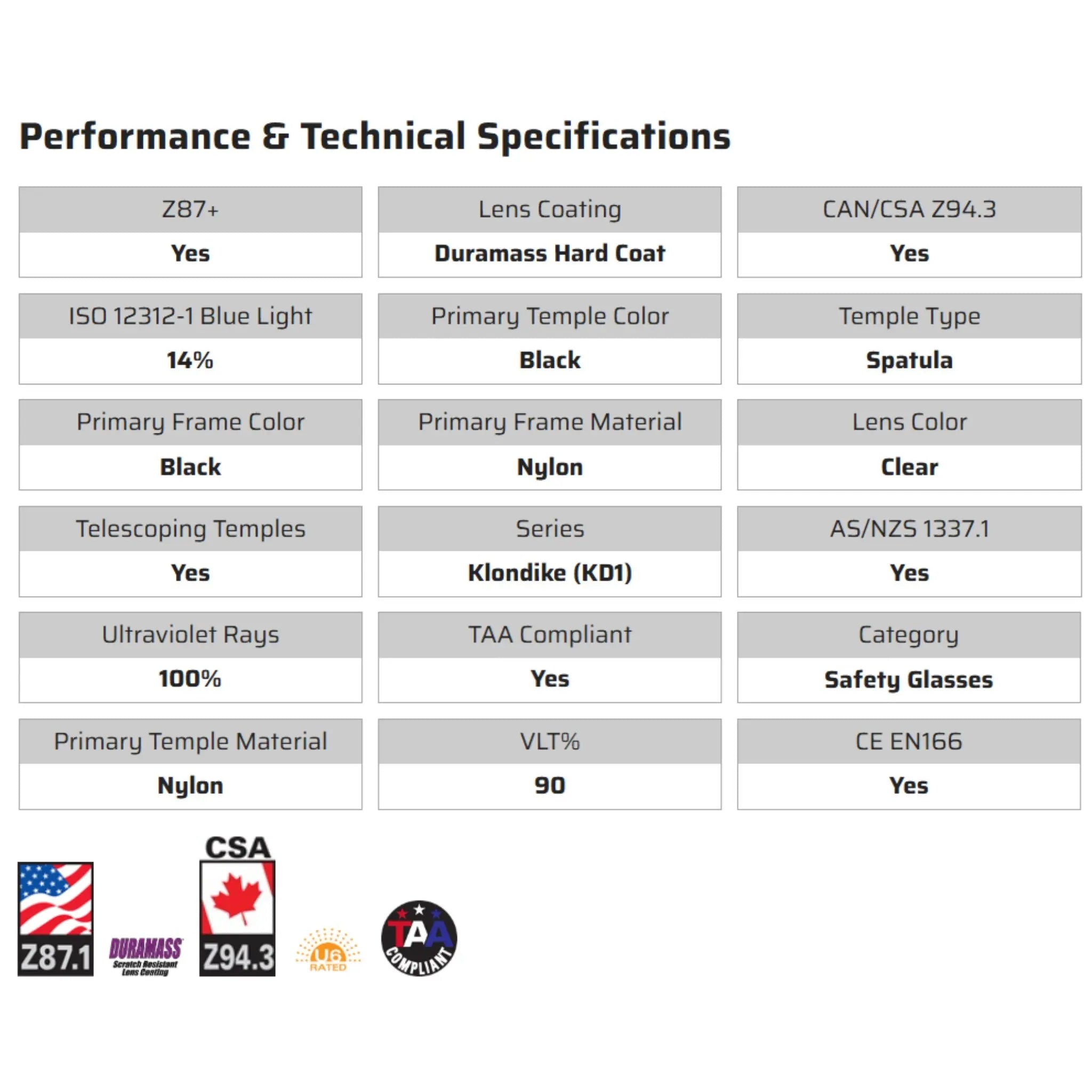 MCR Safety Klondike KD110 Safety Glasses, Specs