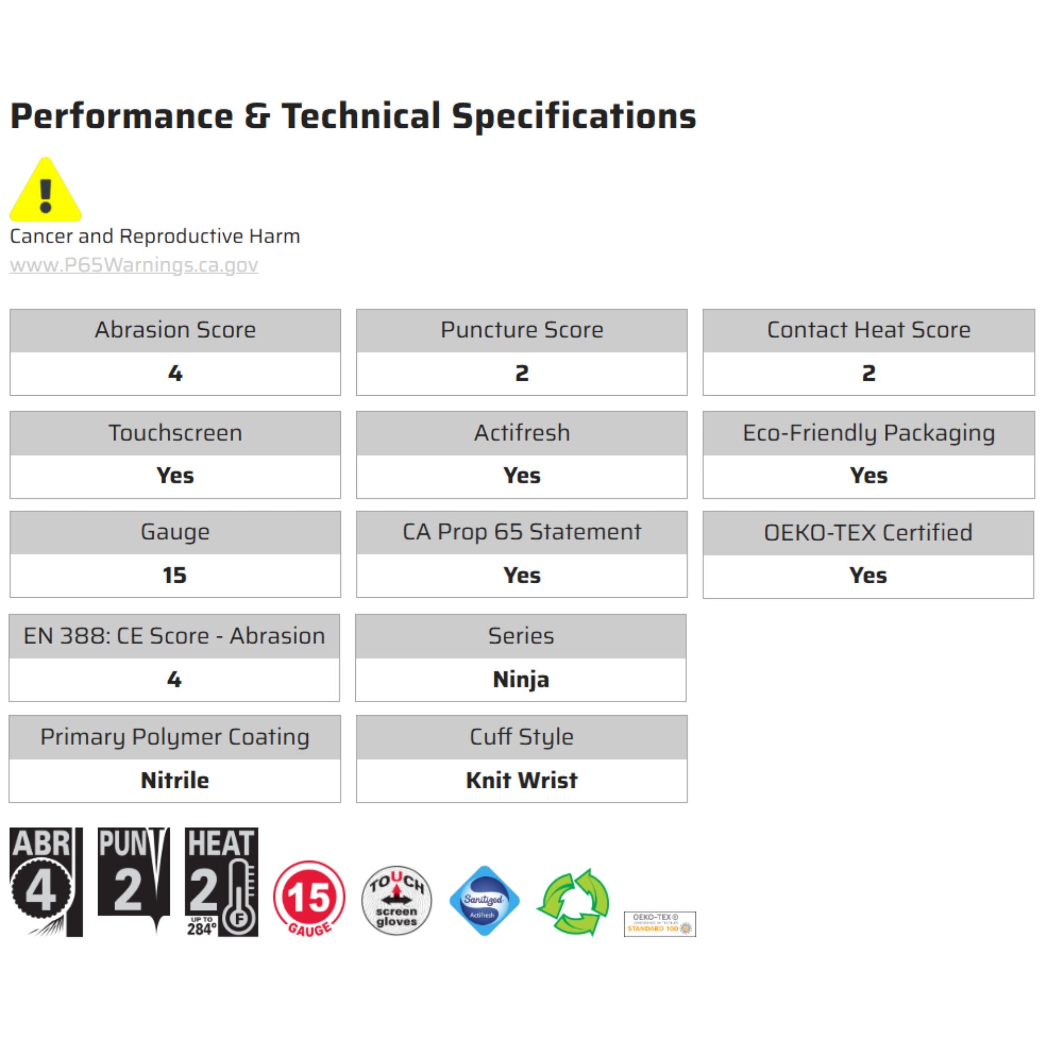 MCR Safety Ninja BNF N96790 Work Gloves, Specs