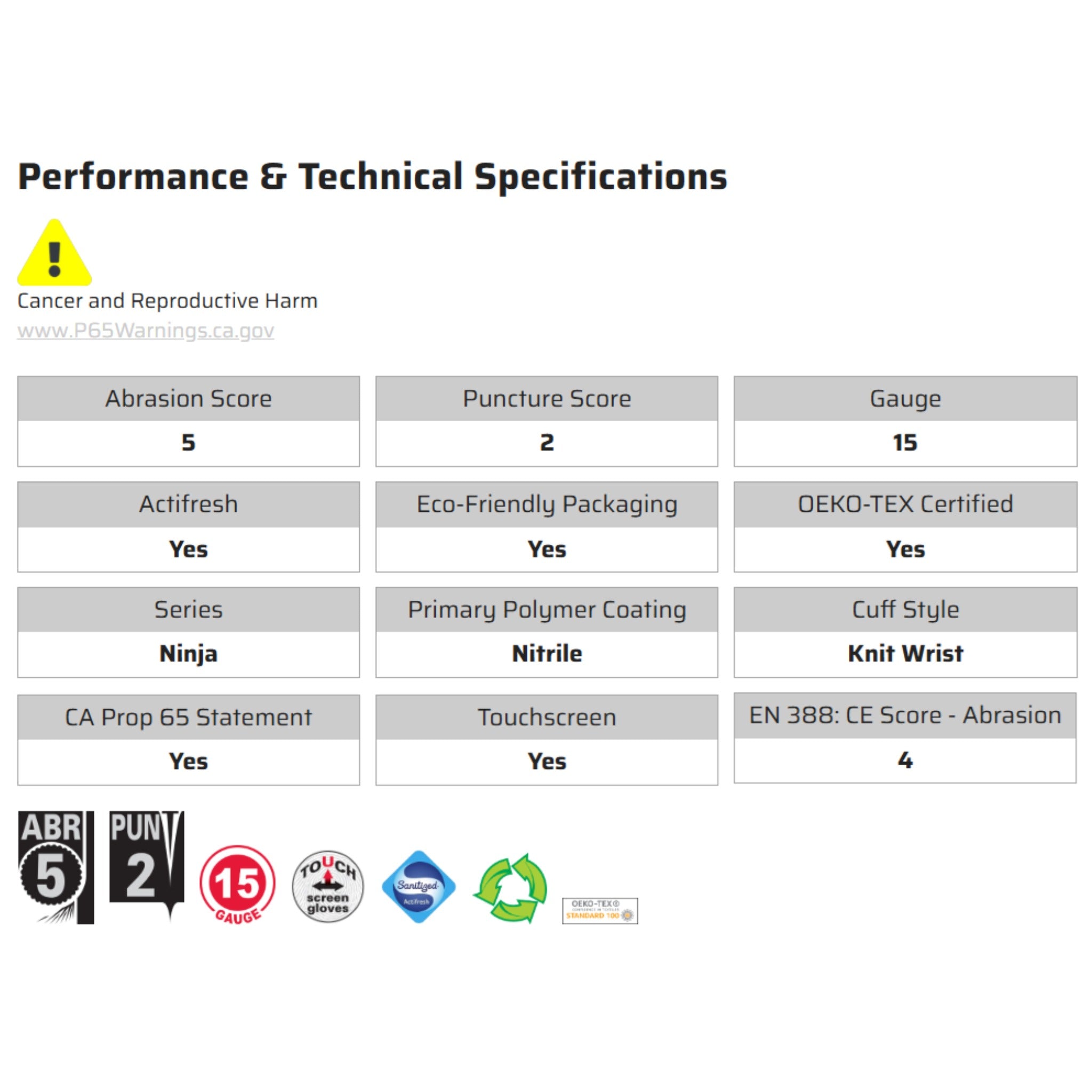 MCR Safety Ninja BNF N96793 Work Gloves, Specs