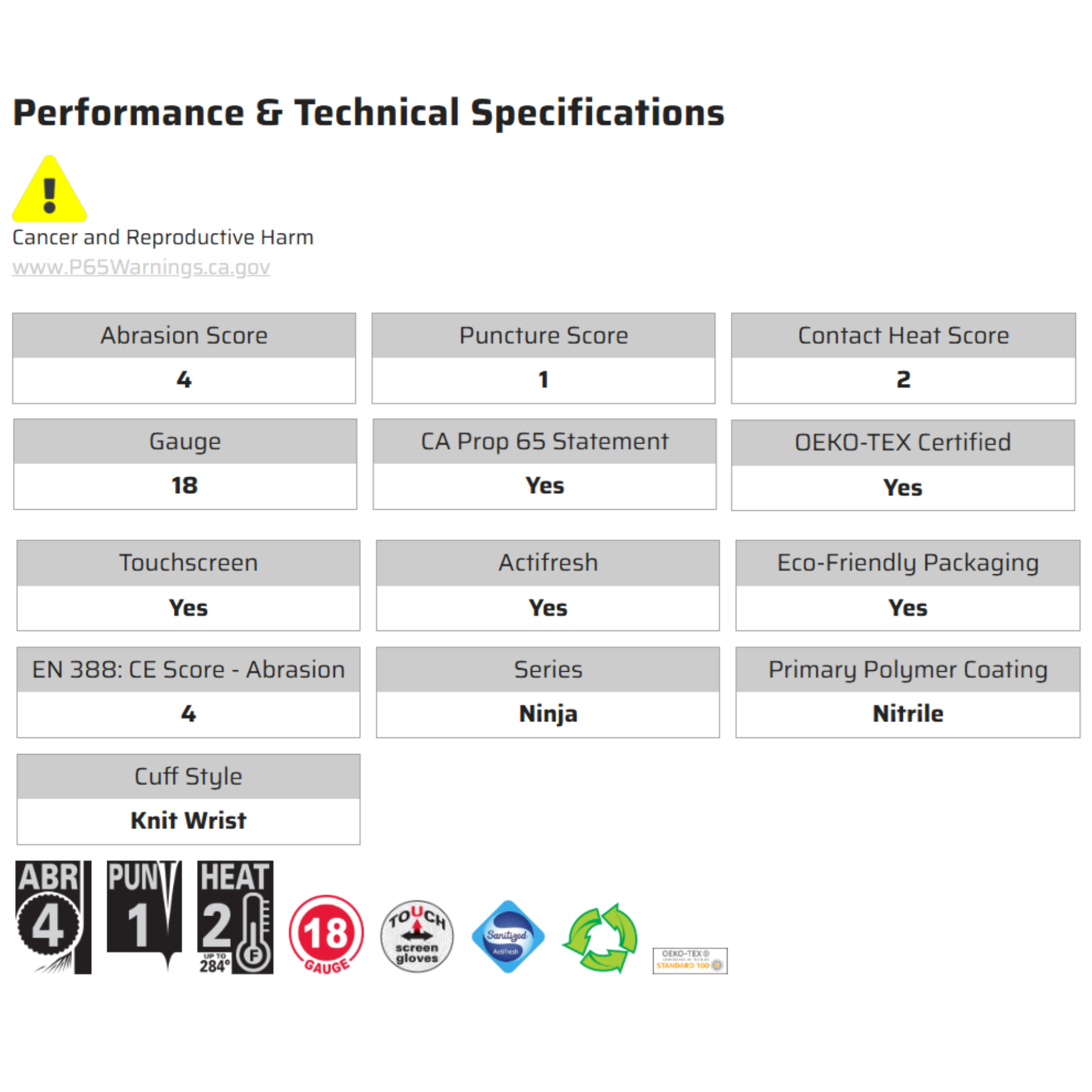 MCR Safety Ninja BNF N96970 Work Gloves, Specs