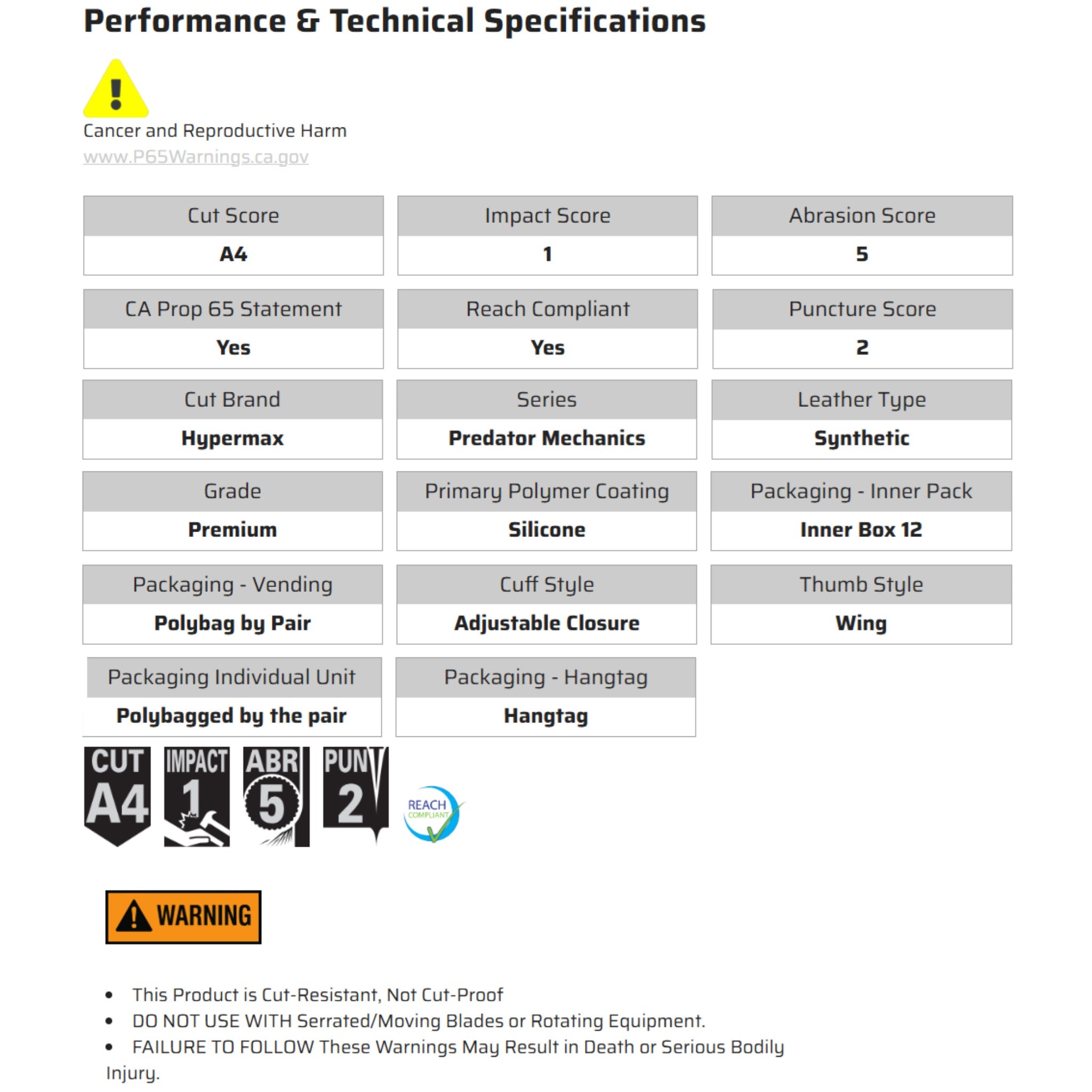 MCR Safety Predator Mechanics PD2909 Work Gloves, Specs1