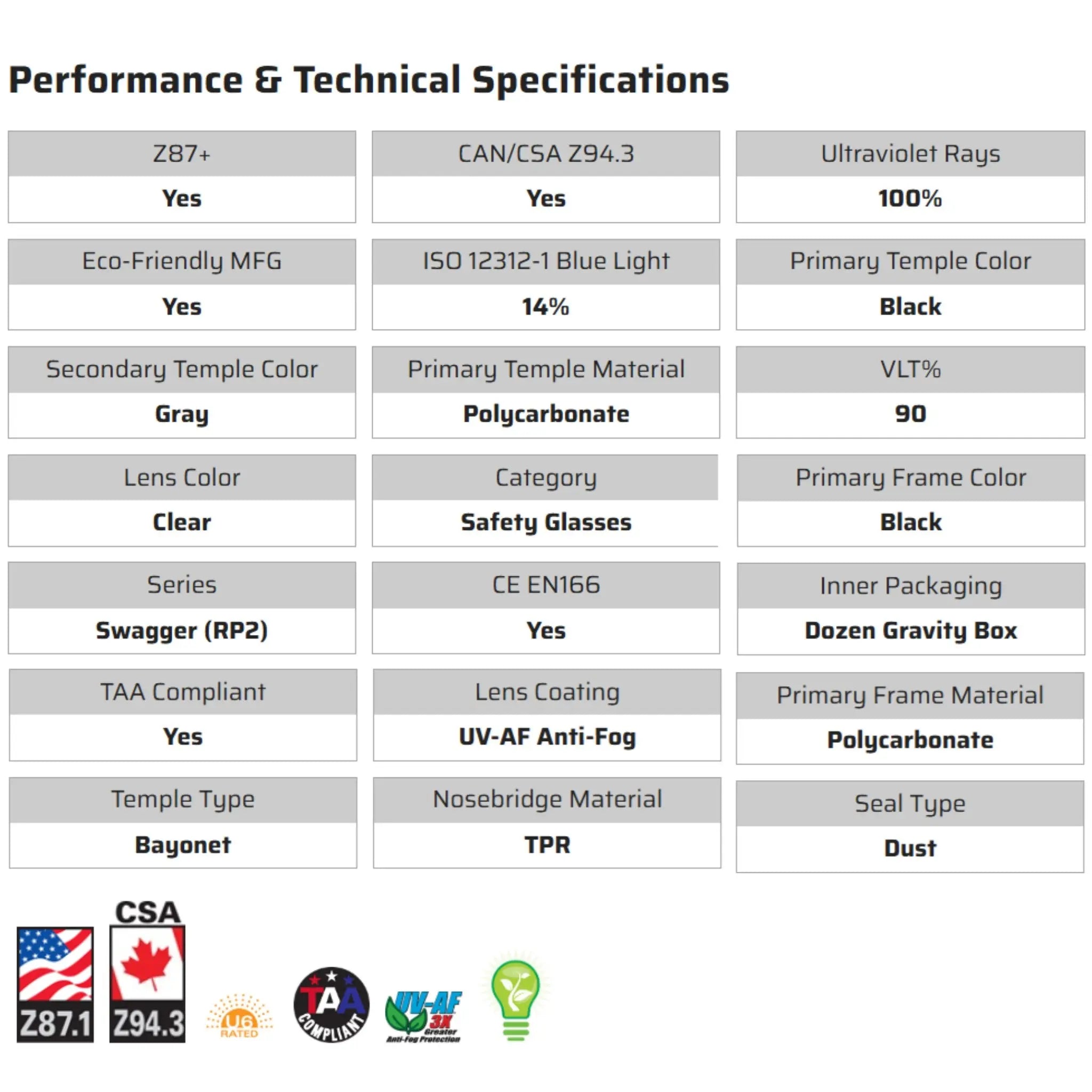 MCR Safety Swagger RP210AF Safety Glasses, Specs