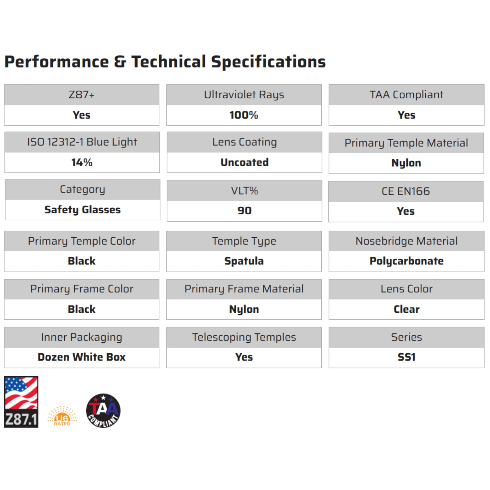 MCR Safety SS1 Series SS010 Safety Glasses, Specs