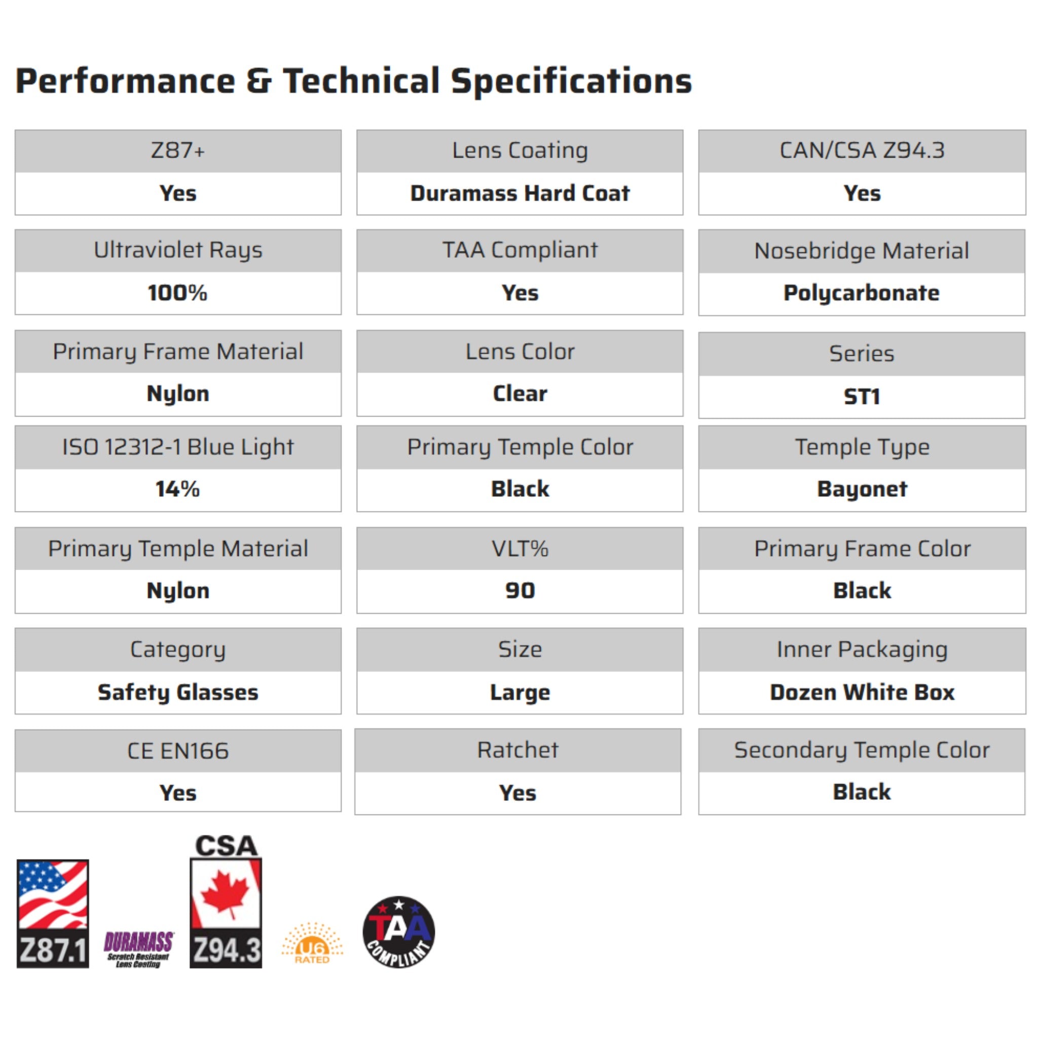 MCR Safety ST110 Safety Glasses, Specs