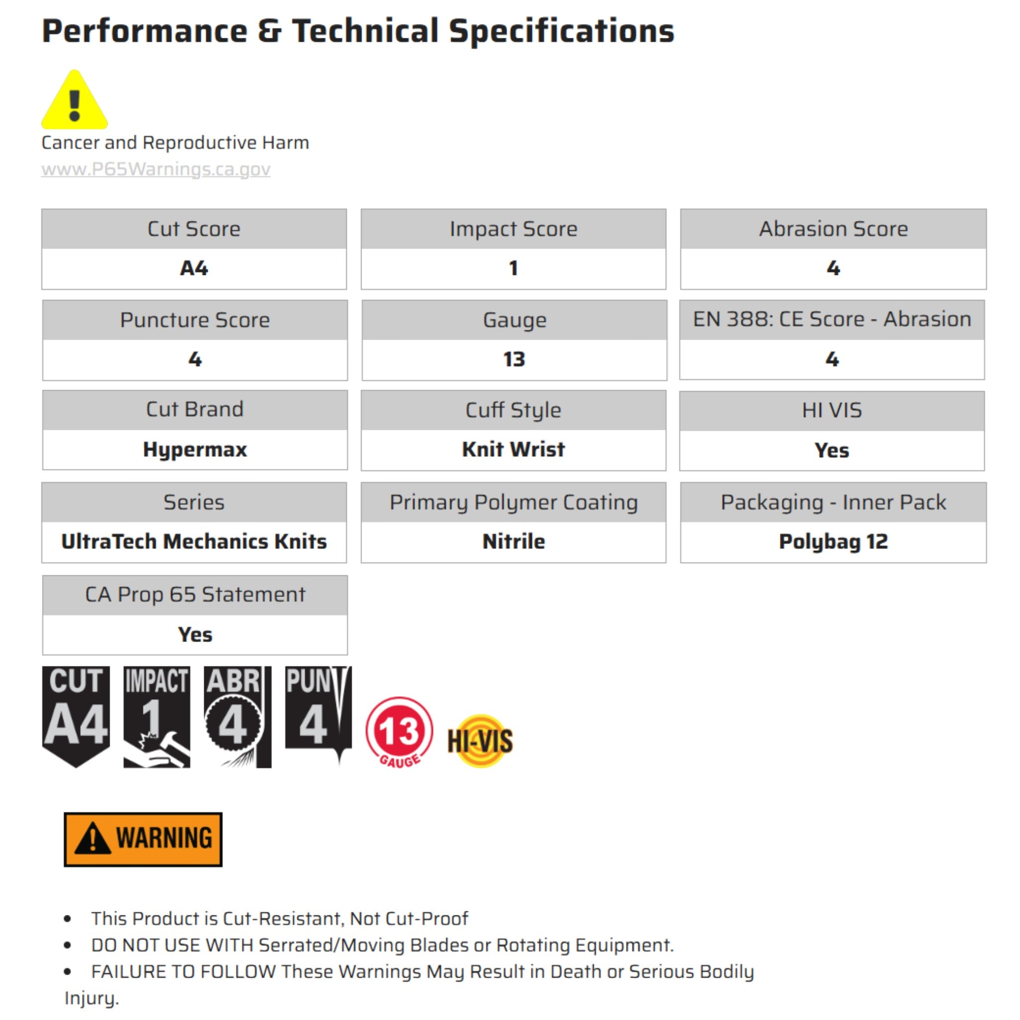 MCR Safety Ultratech UT1953 Work Gloves, Specs