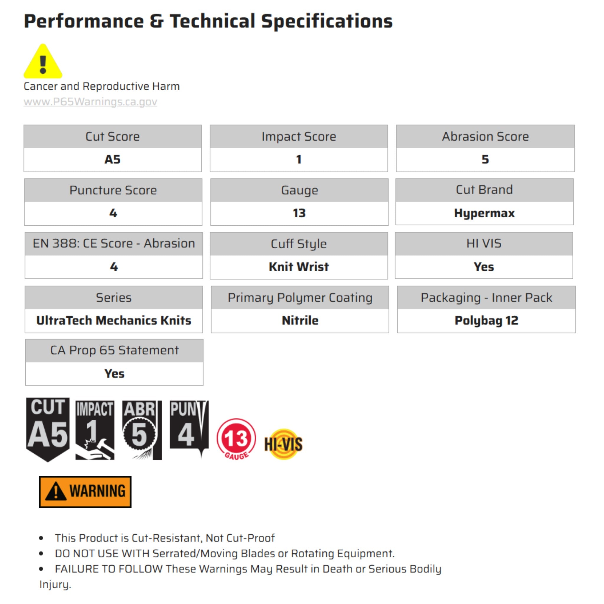 MCR Safety UltraTech UT1954 Work Gloves, Specs